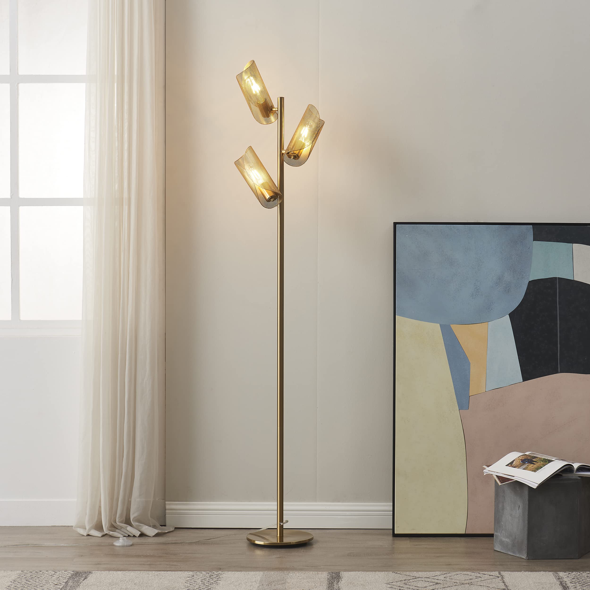 Brightech Lyra LED Tree Floor Lamp - 3 Light Heads, Metal Cage Shade, Brass Finish, Model 850012486831