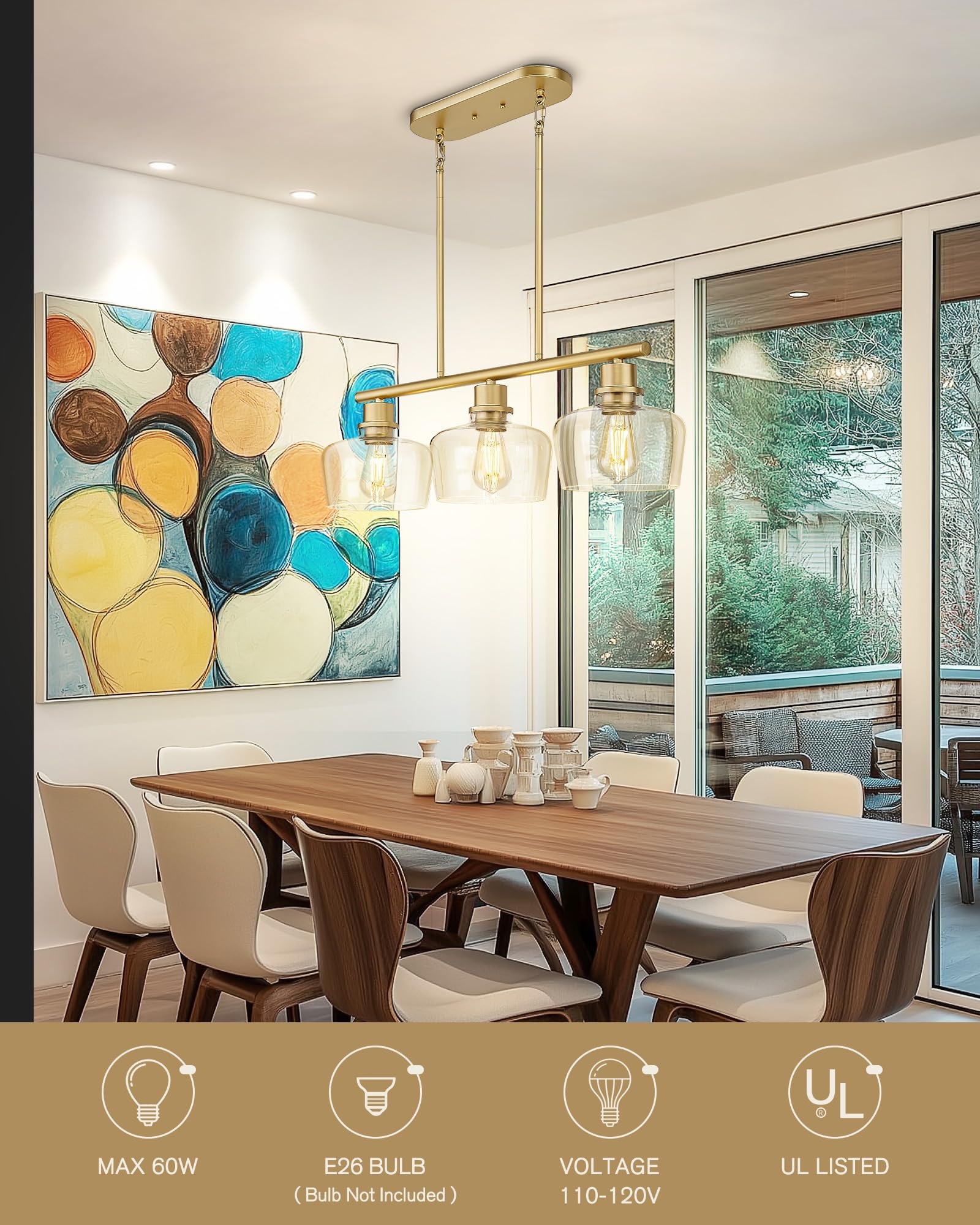 Emak Gold Kitchen Island Lighting  3-Light Dining Room Light Fixtures Over Table With Clear Glass Shade  Modern 32 Inch Island Lights For Kitchen  Dining Room  Bar  Il122-Gd-Cg-3