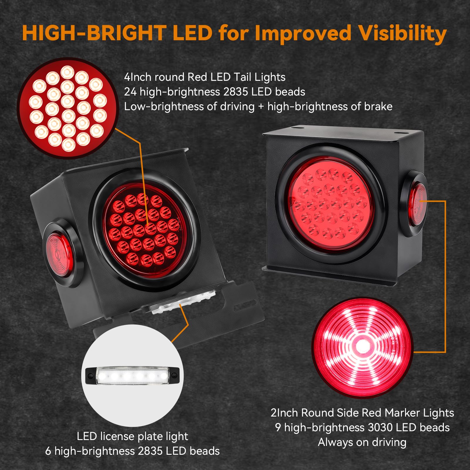 Rvzone 12V Square Led Trailer Light Steel Boxes Housing Kit  2Pcs Ip67 Red Waterproof Stop Brake Turn Lights With 4In Round Tail Lights 2 In Round Side Marker Light 6Led License Plate Lighting