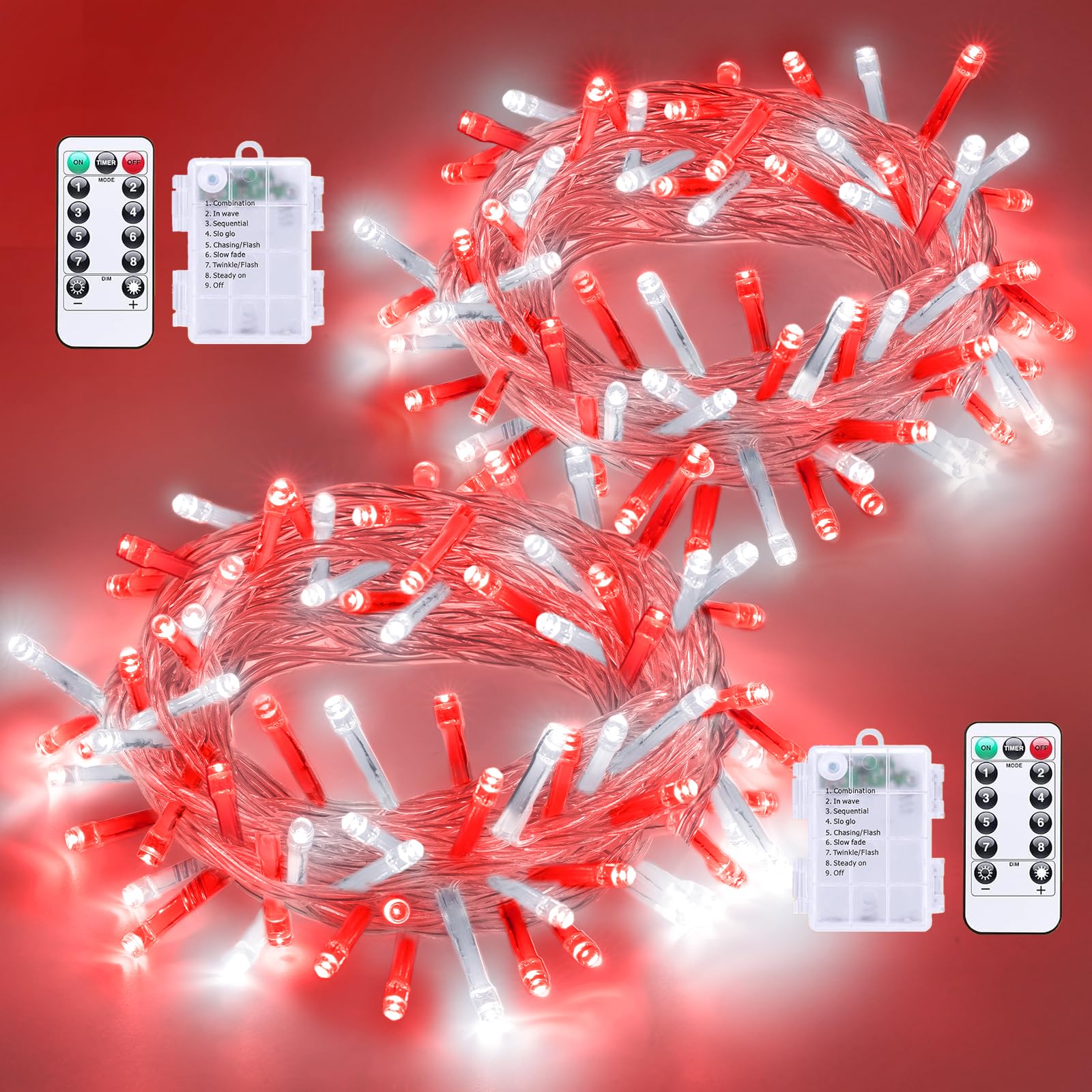 QITONG 2 Pack Battery Operated String Lights, Each 33ft 100 LED Red and White Christmas Lights Outdoor Waterproof, 8 Modes Clear