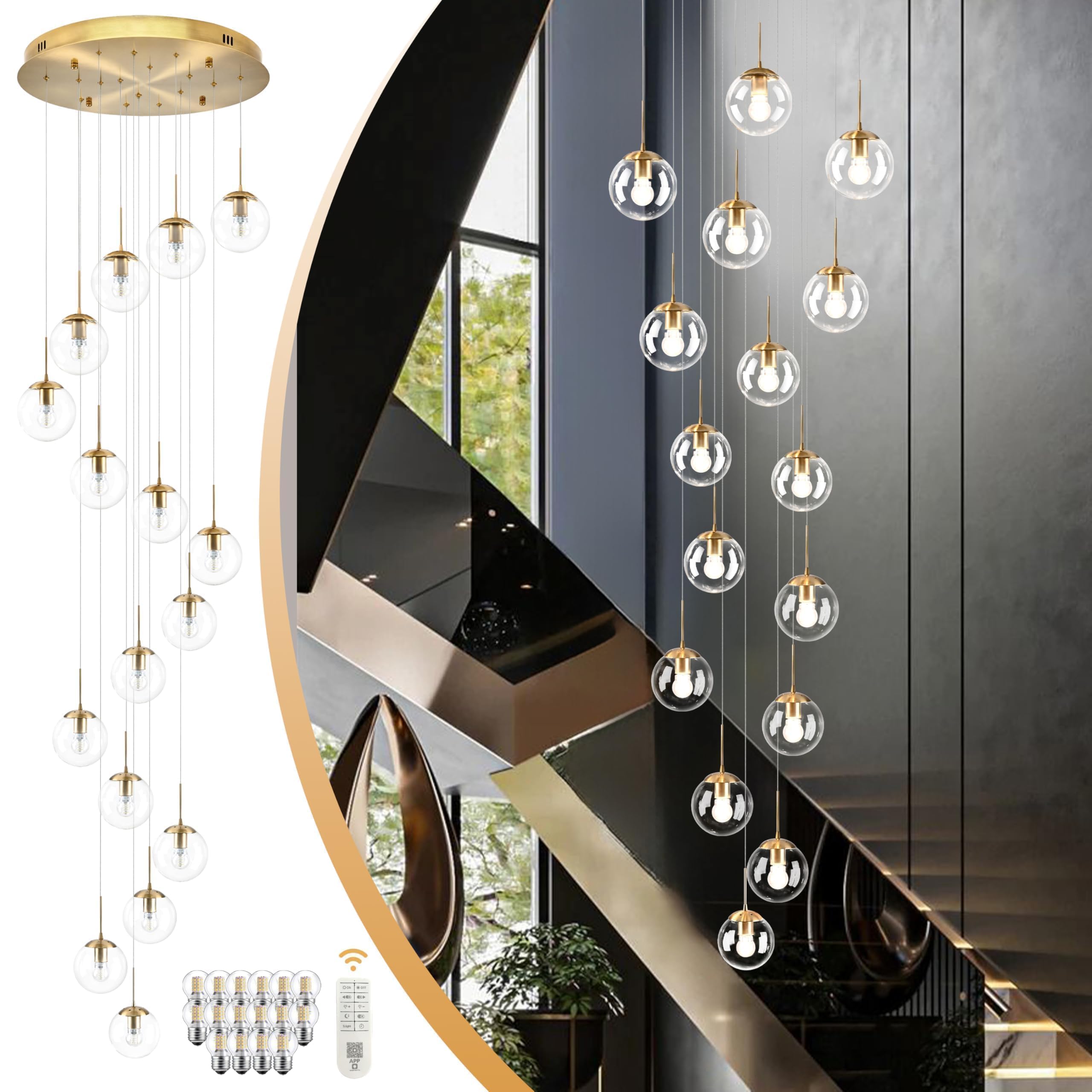 Koko&Yukina 16-Light Gold Mid Century Modern Chandelier For Living Room Staircase Chandelier For Entryway Clear Globe Glass Chan