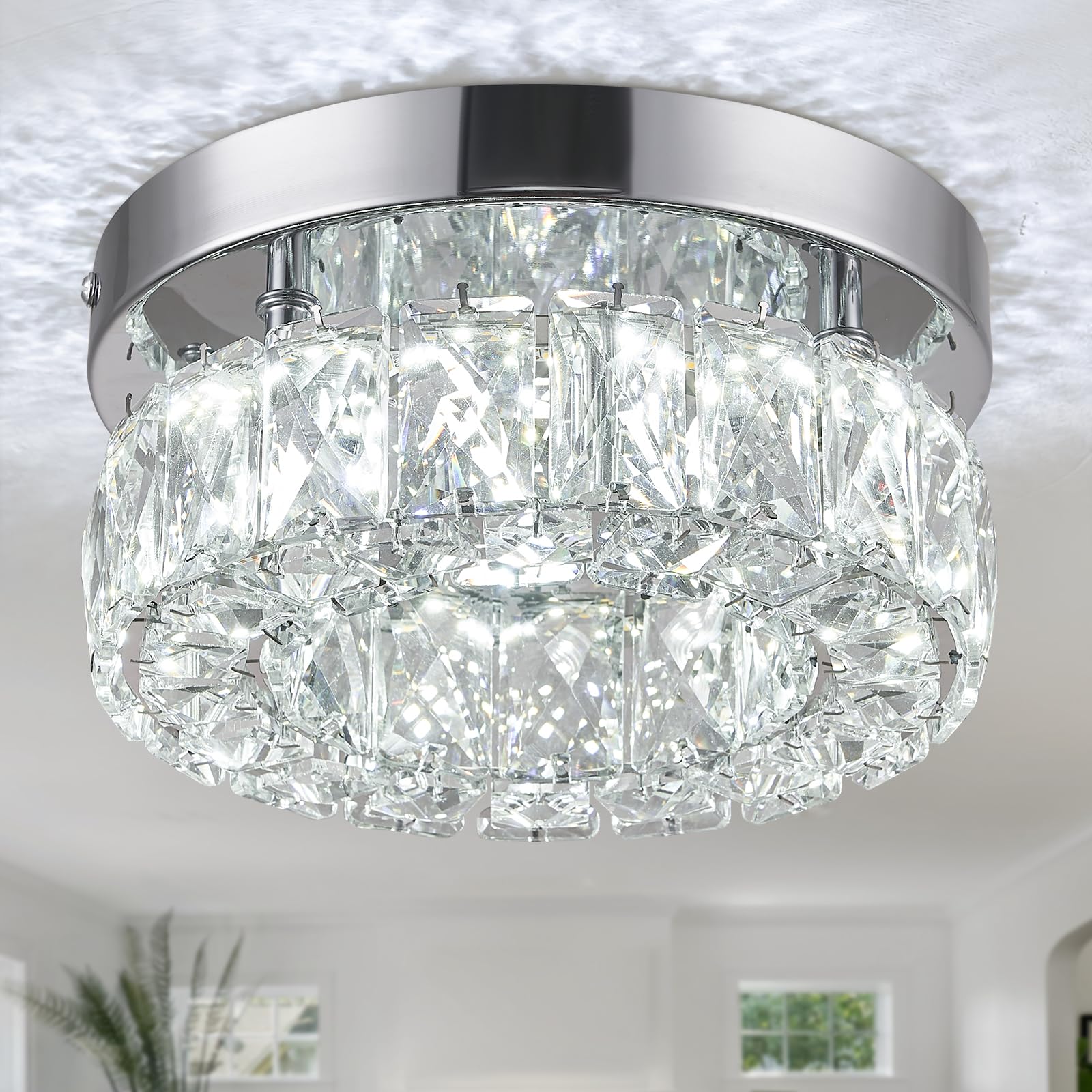 7.9 Inch Modern Mini Crystal Chandelier LED Flush Mount Ceiling Light - 16W 6000K Cool White, Round Crystal Lamp for Hallway, Ki