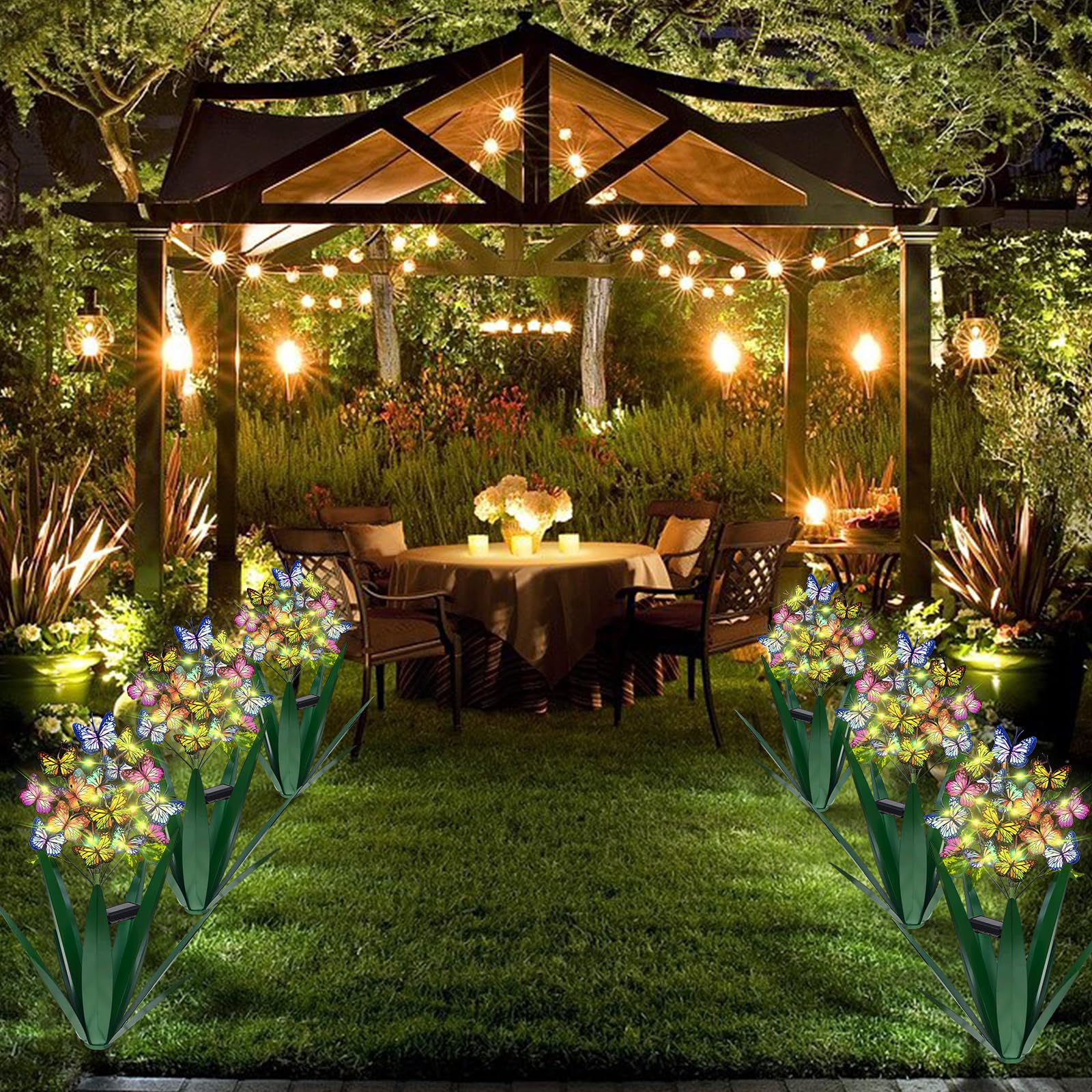 Homight Solar Metal Agave Butterfly Flower Stick Garden Sculpture - 3 PCS Green, Iron, Outdoor Christmas Lights