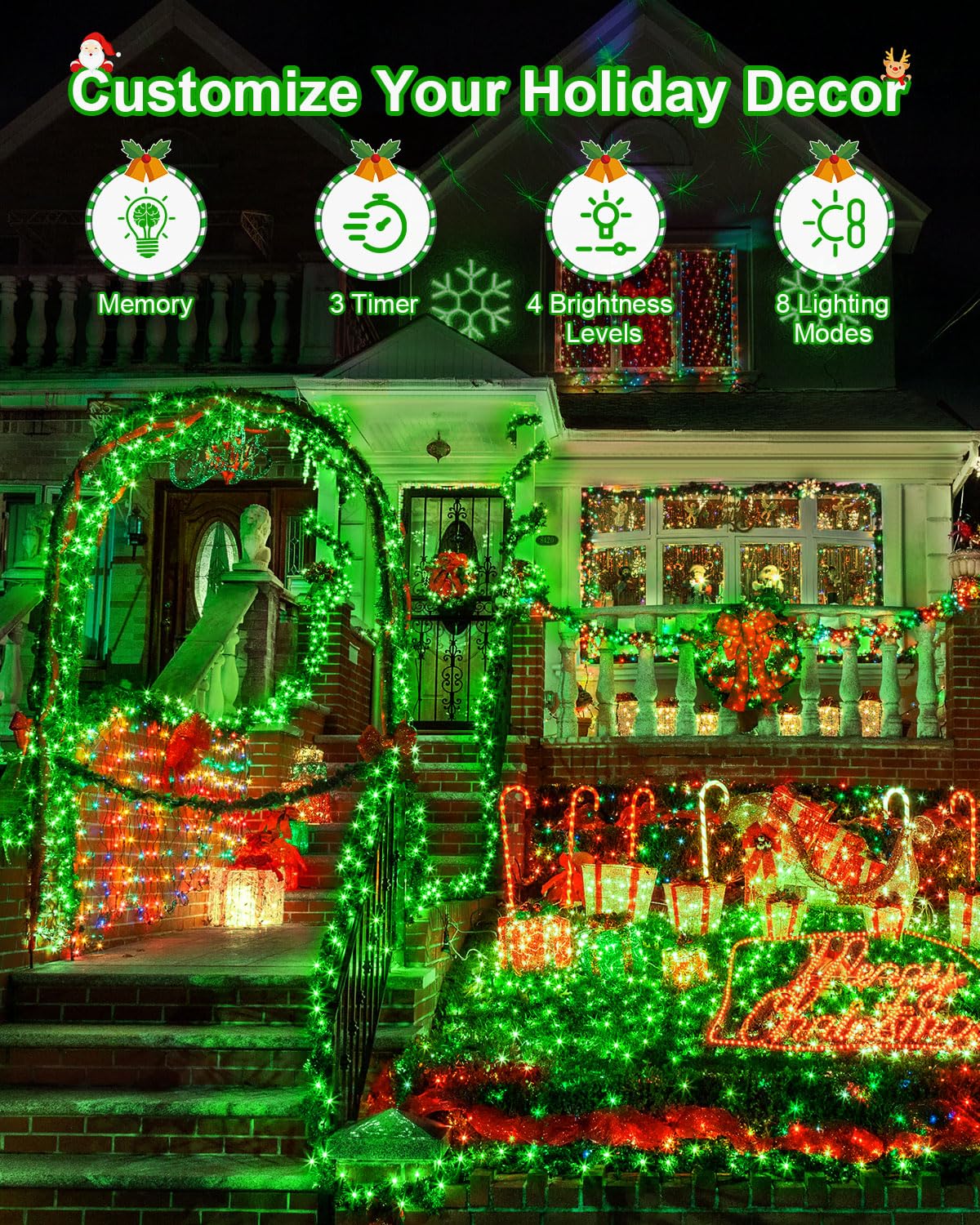 JIXXULVU LED Christmas Lights, 355FT 900LED, Waterproof, 8 Modes, Dimmable, Green, Model 300L