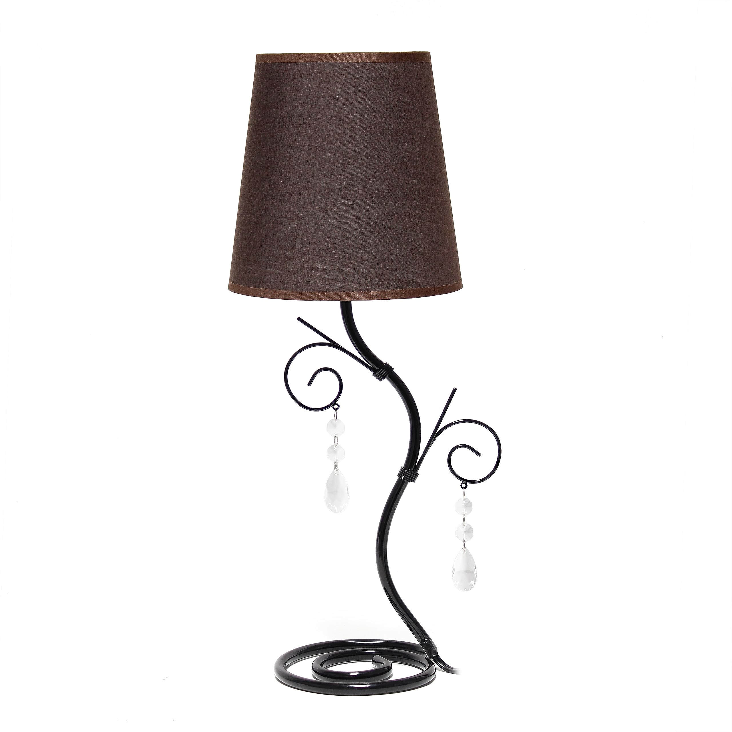 Simple Designs LT1142-BWN Scroll Wire Metal Table Lamp with Dangling Crystals and Matching Fabric Shade for Entryway, Living Room, Hallway, Bedroom, Office, Brown