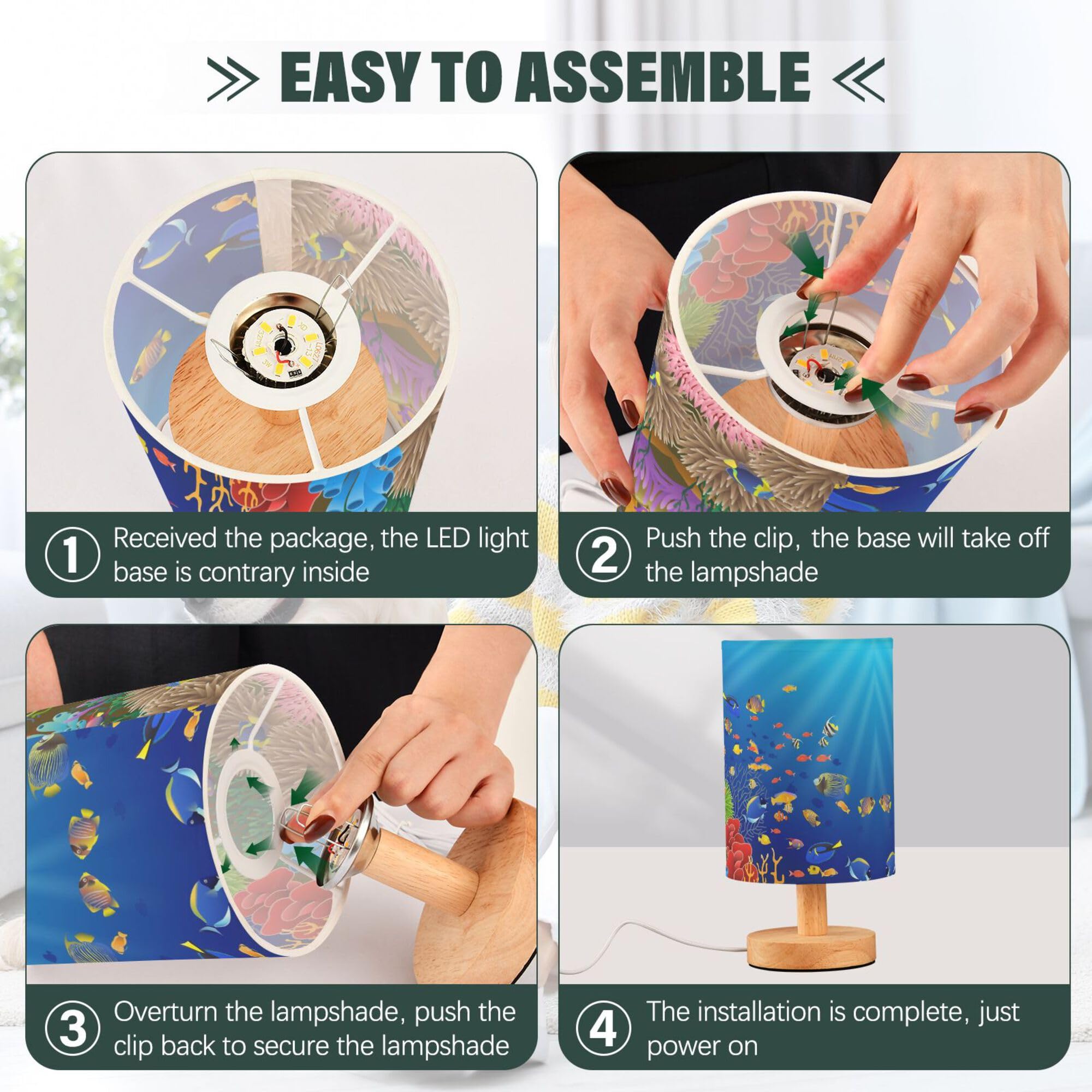 Yyzzh Table Lamp Underwater Sea Fish Coral Ocean Sunshine Nightstand Lamp With Wood Base Fabric Lamp Shade Bedside Desk Lamp For