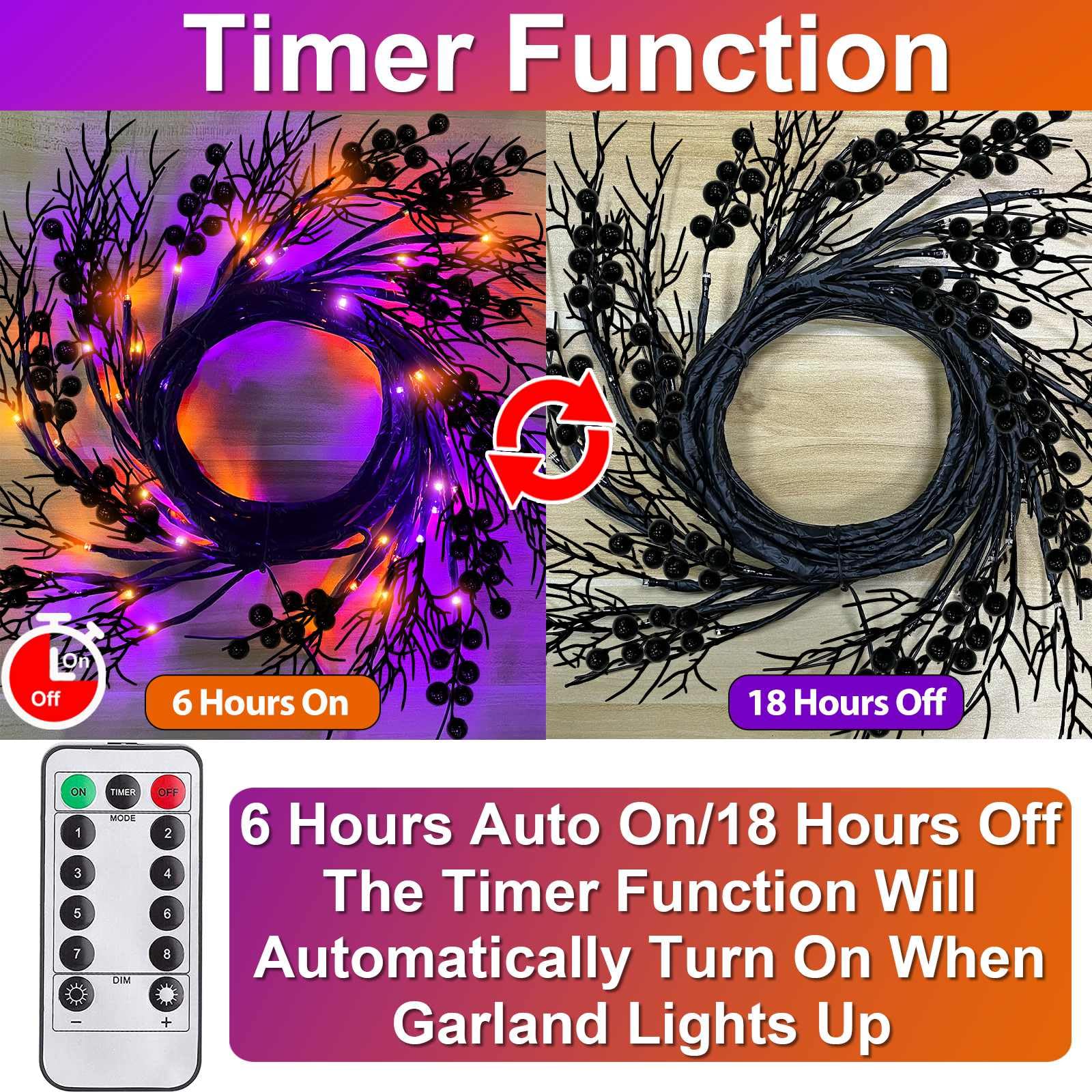 Turnmeon Extra Long 9 Ft 72 Led Orange & Purple Lights Halloween Garland Willow Vine Twig Decor Timer 8 Mode Remote Control Waterproof Battery Operated Halloween Decorations Indoor Home Wall Fireplace