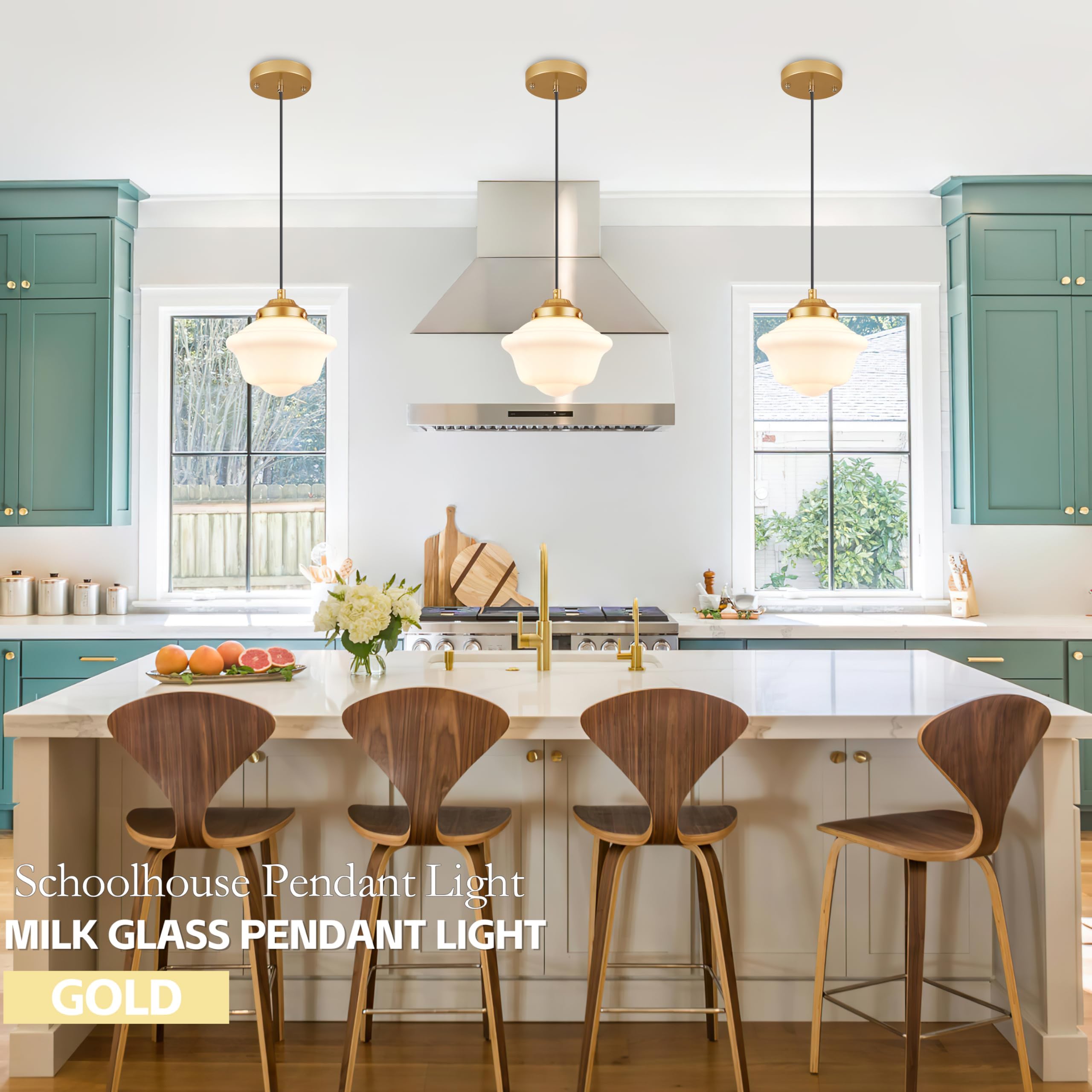 Ayshwilldec Gold Schoolhouse Light Fixture 8'' Milk Glass Light Fixture Mid Century Pendant Light Milk Glass Pendant Light Schoo