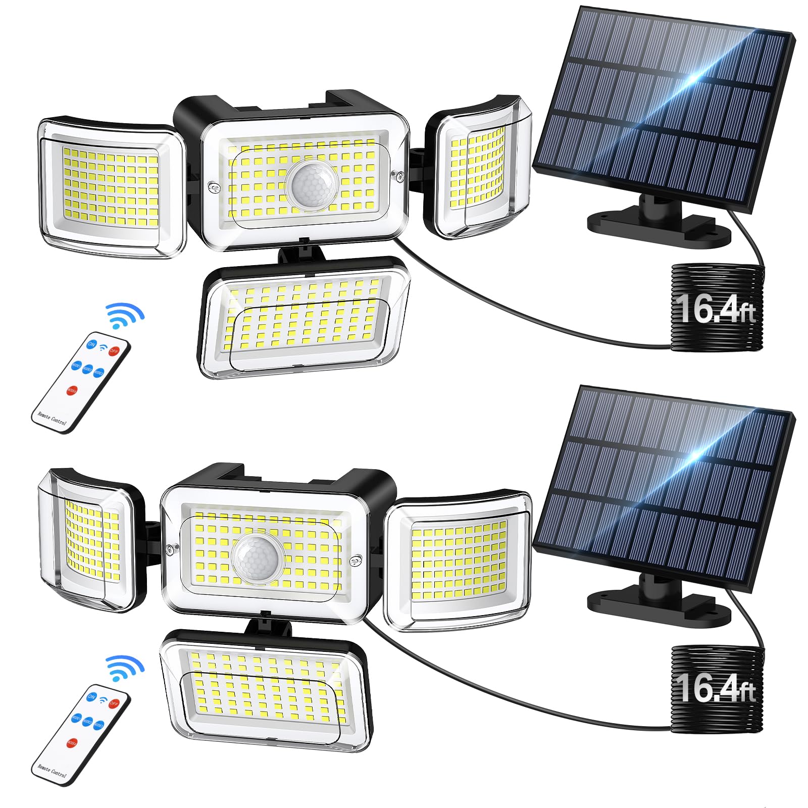 CLAONER Solar Outdoor Lights - 3500LM 288 LED Security Lights with Remote Control, IP67 Waterproof, 4 Heads Solar Flood Lights, 