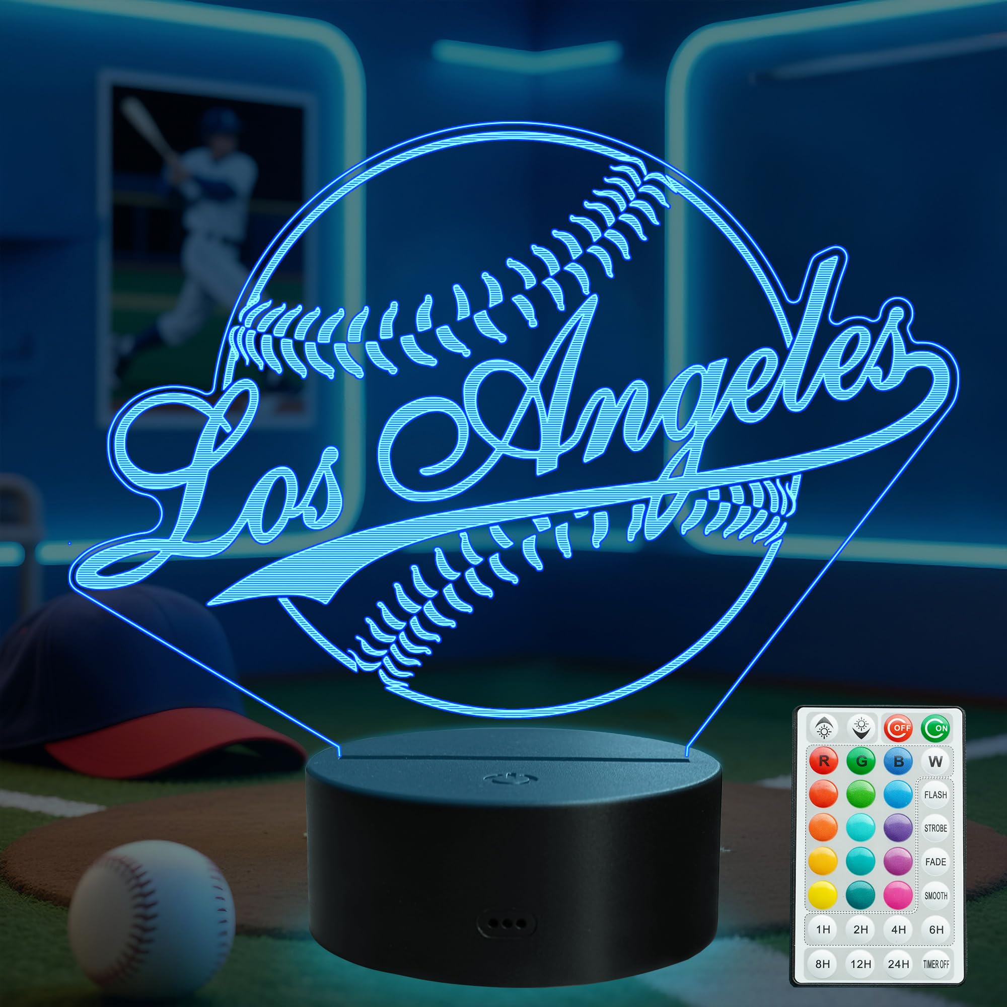 POSSHE Baseball Los Angeles Night Light, LA Baseball Sport Gifts for Boy, 3D Illusion Lamp with Remote Control, 16 Colors Changi