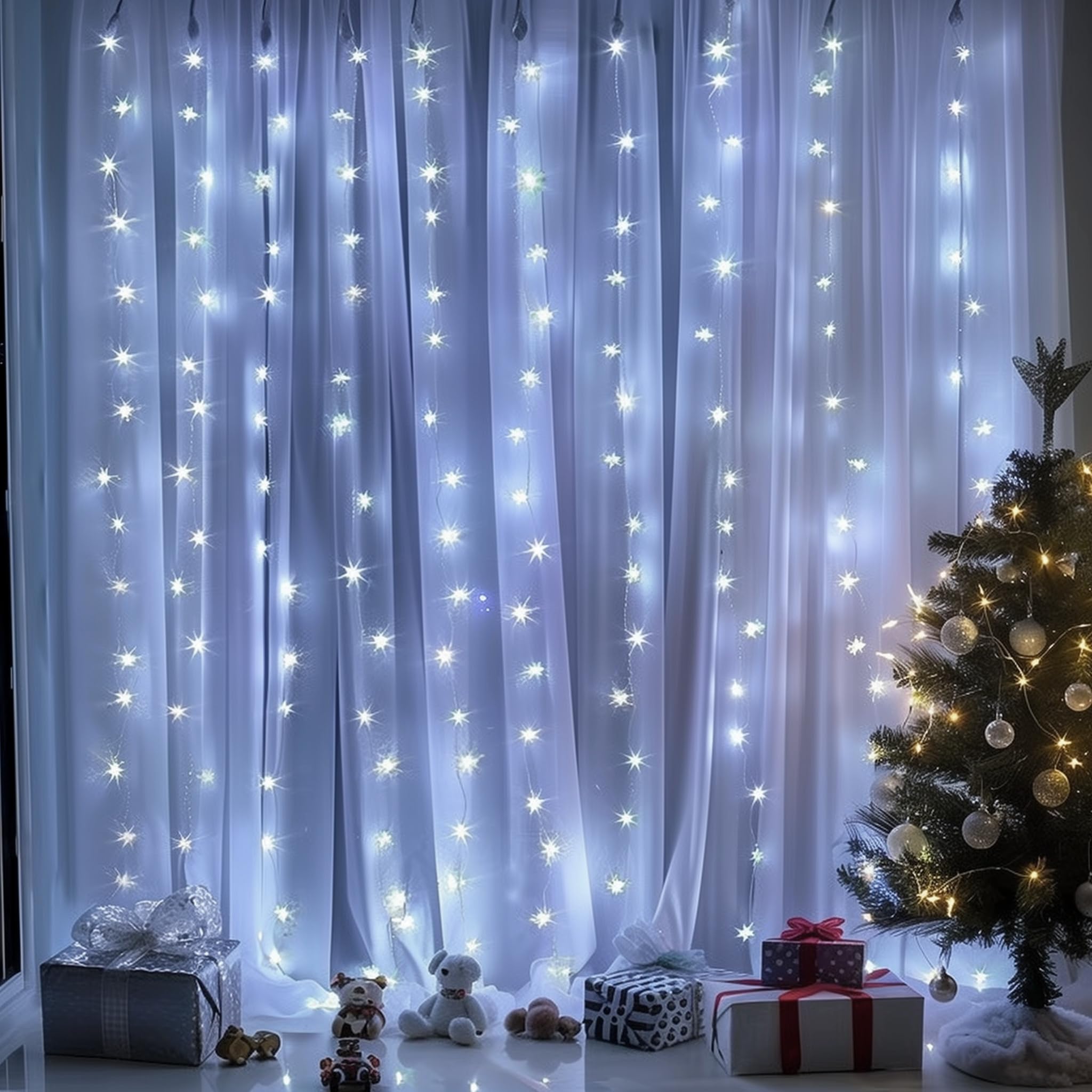 Funpeny Window Curtain String Lights, 300 Led 8 Lighting Modes Fairy Lights Usb Powered, Waterproof Lights For Christmas Bedroom Party Wedding Home Garden Wall Decorations (White)