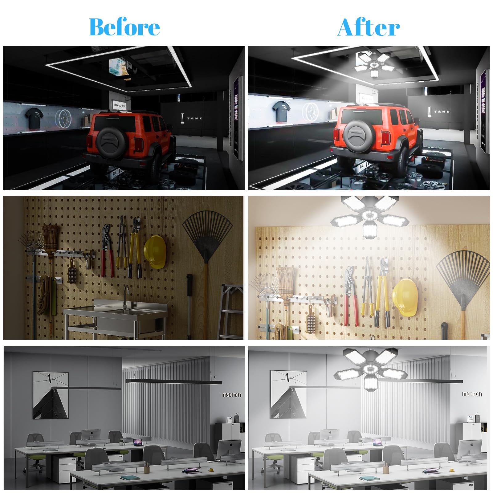 Onffo Led Garage Lights, 2 Pack 150W Super Bright 15000Lm Garage Lights Ceiling Led With 5+1 Adjustable Panels, 6500K Daylight Screw In E26/E27 Bulb Socket Led Shop Lights For Garage, Basement, Barn