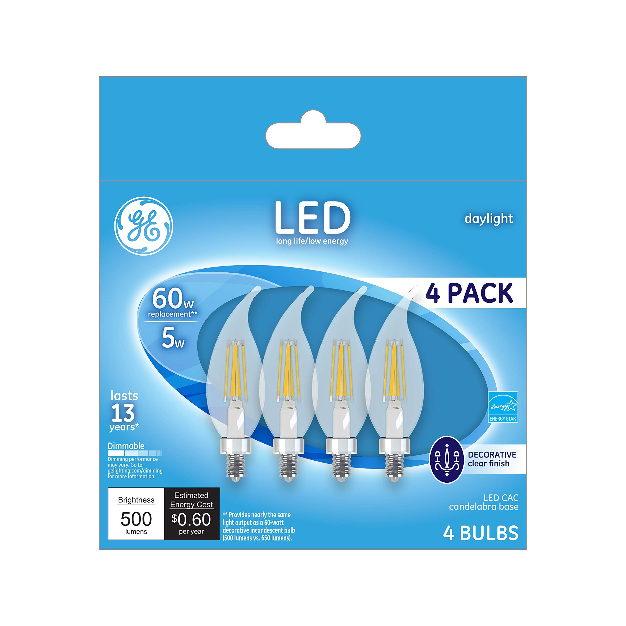 GE Lighting Dimmable LED Bent Tip Light Bulb 60W Replacement 500-Lumen Candelabra Base 4 Count Daylight Model 13330