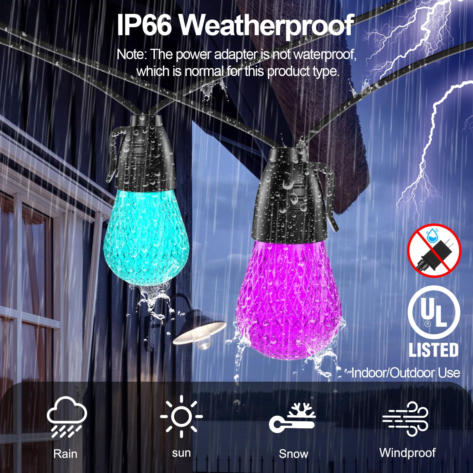 Outdoor String Lights, 49Ft Rgb Patio Lights With Ip66 Waterproof 25 Dimmable Bulbs,Outdoor String Lights For Outside With App &