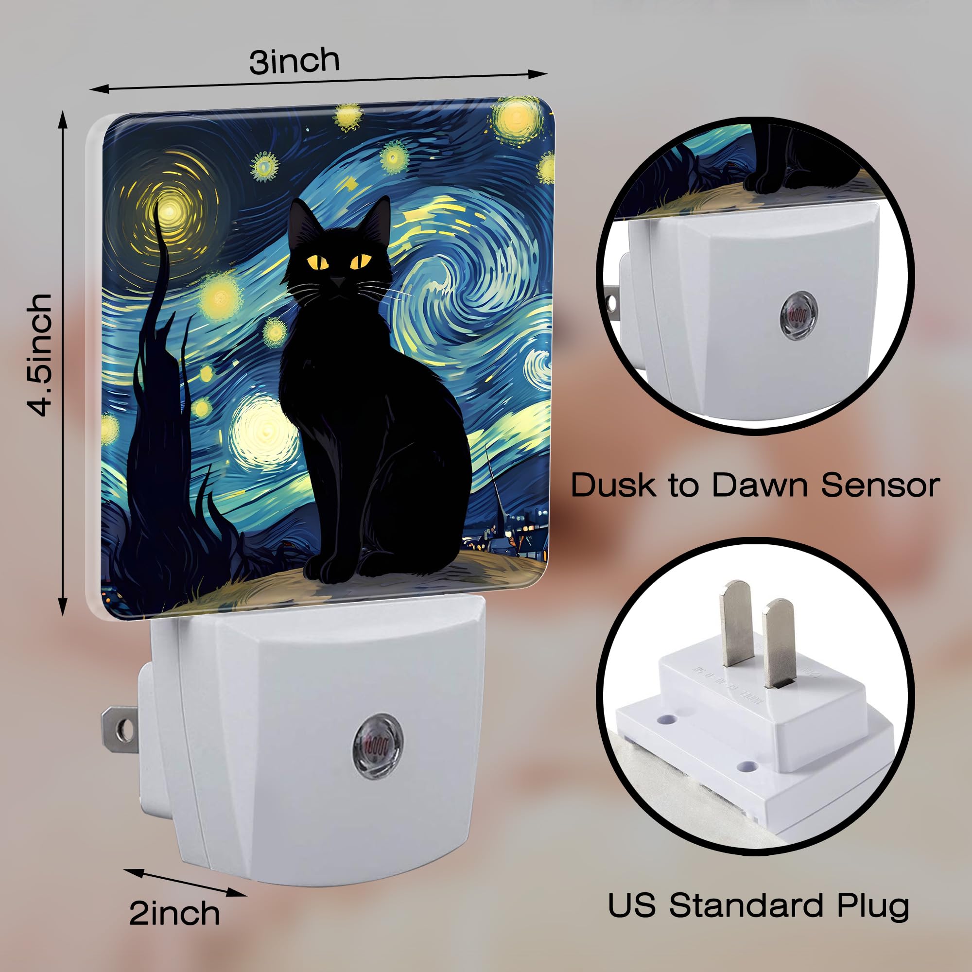 Sndheke Starry Night Black Cat Night Light Plug Into Wall, Von Gogh Oil Painting Dusk To Dawn Night Light Plug In,0.5W Energy Sa