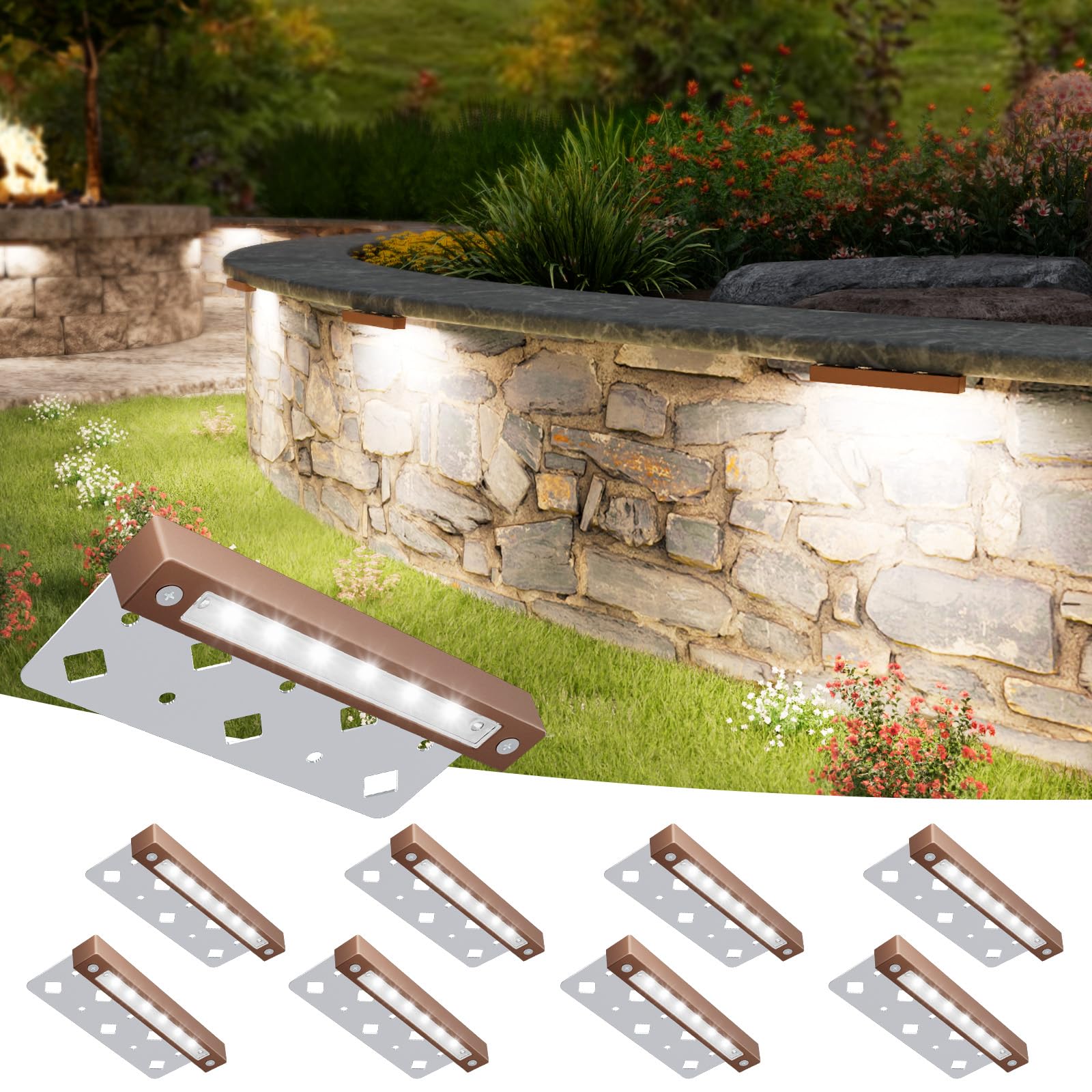 VOLISUN 8 Pack LED Retaining Wall Lights, Waterproof Hardscape Lighting, 12V, Aluminum, 5000K Daylight, Model JXL-ST0703