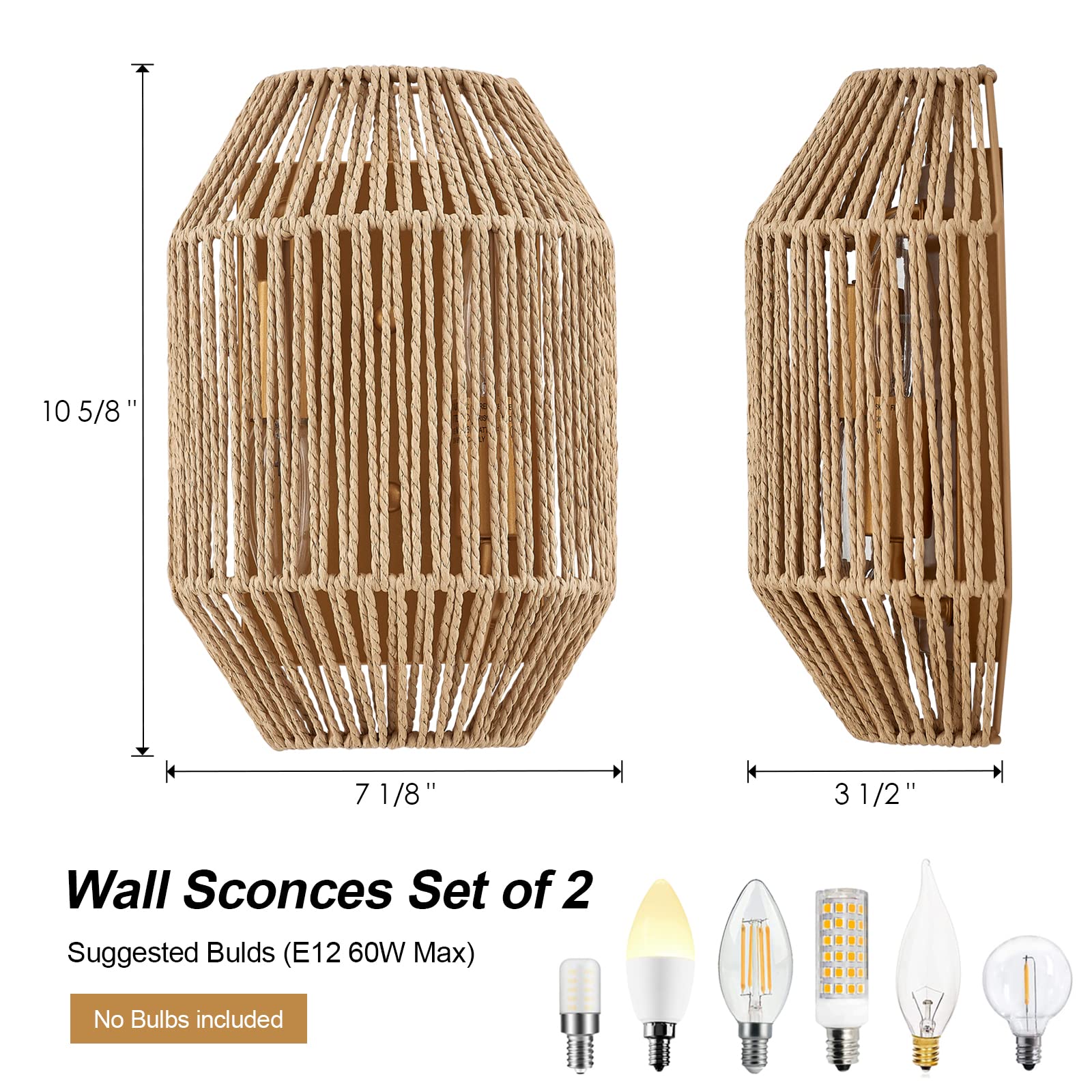 Mhytogn Natural Rattan Wall Sconce Set Of 2, With Boho Woven Wicker Shade Antique Brass Brush Paint Finish For Vanity Stairway F