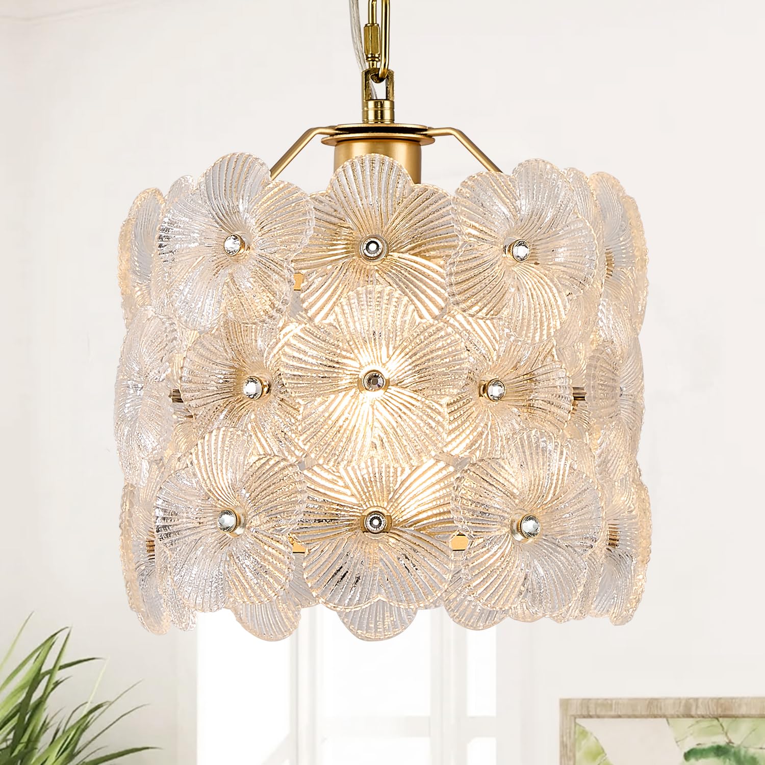 Poemoon Gold Glass Pendant Light 1-Pack Modern Flower Small Ceiling Pendant Lighting 1-Light For Kitchen Island Sink Dining Room