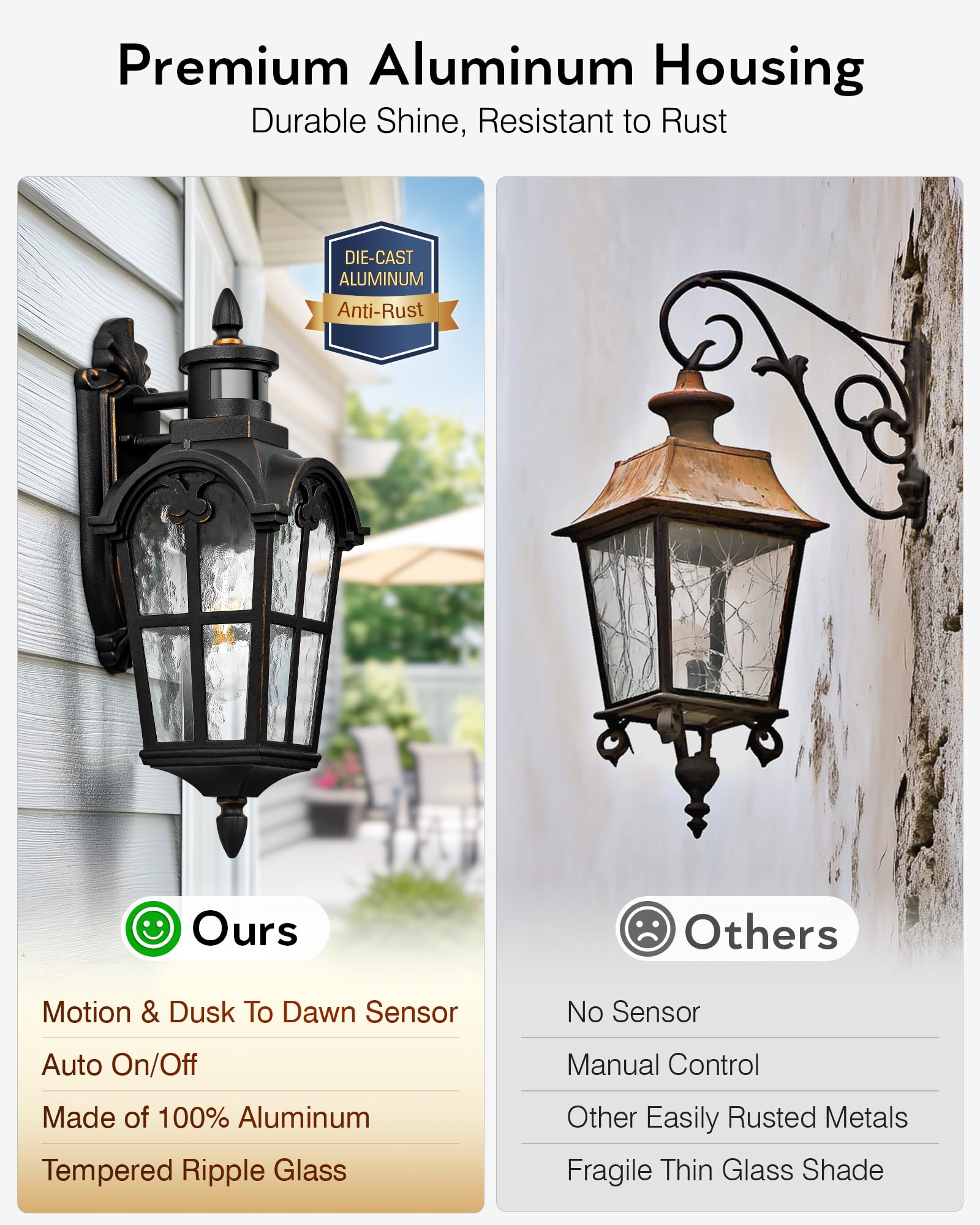 VIANIS Motion Sensor Outdoor Light, 16.4" H Waterproof Black Lantern with Gold Trim, Aluminum Fixture for House, Garden, Patio