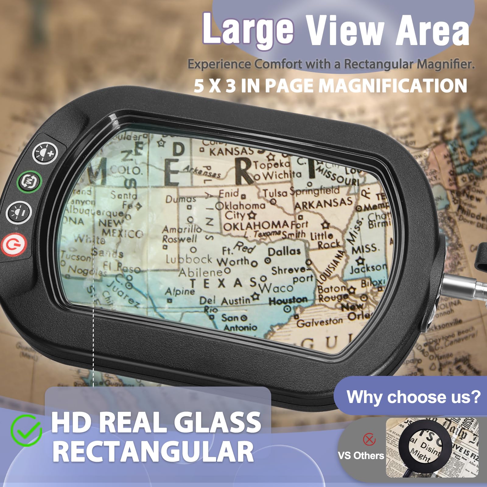 10X Rectangle Magnifying Glass With Light And Stand, 5*3 Inch Real Glass 5 Color Modes Stepless Dimmable Arm Swing Led Floor Lam