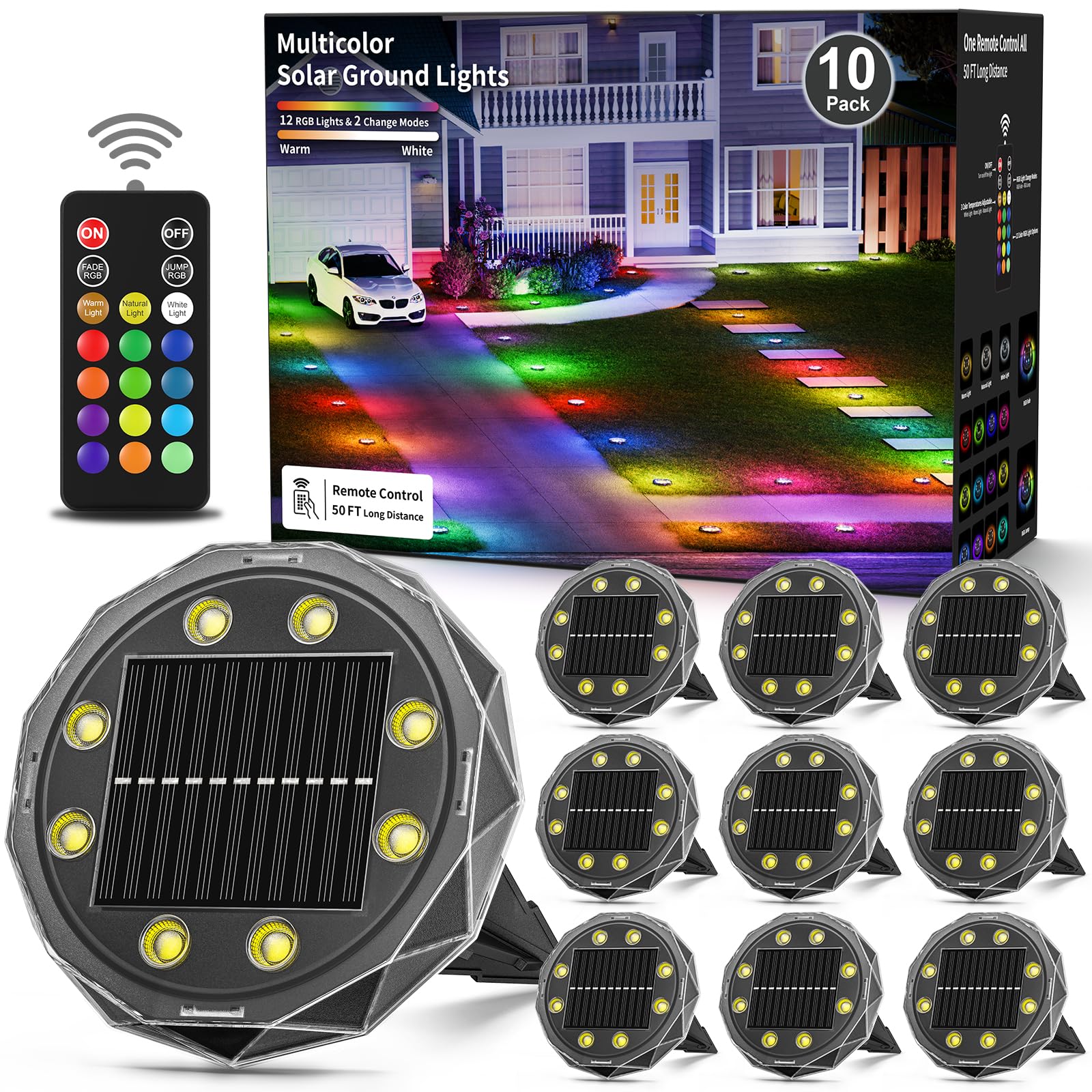 Hicotet Solar Ground Lights with Remote Control,IP67 Waterproof Solar Garden 15 Multi Color Lights,RGBYW Solar Powered Outdoor L