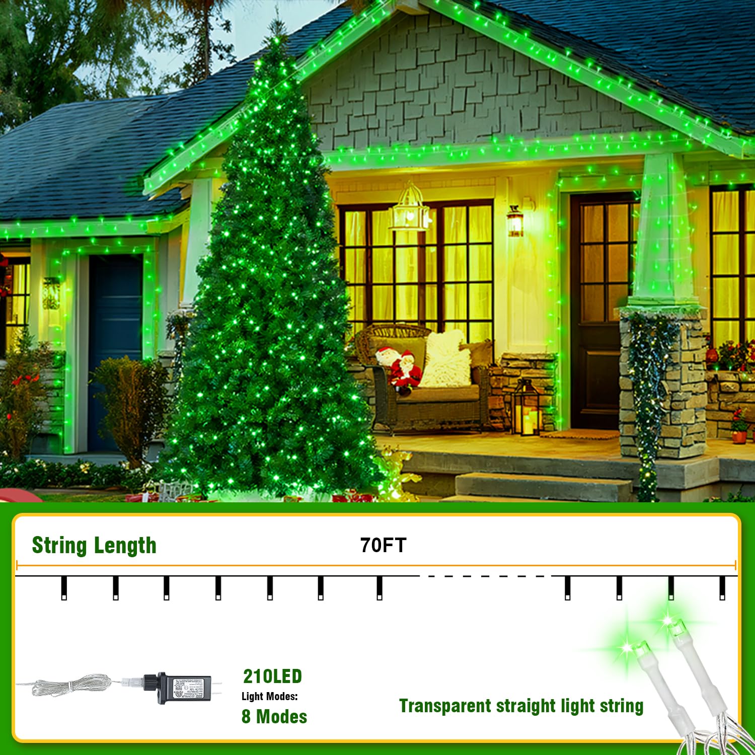 Wastroyal 210 Leds Christmas Led String Lights - Transparent Wire  Waterproof & Connectable Tree Lights For Indoor Outdoor Holiday D?Or (70Ft  Green)