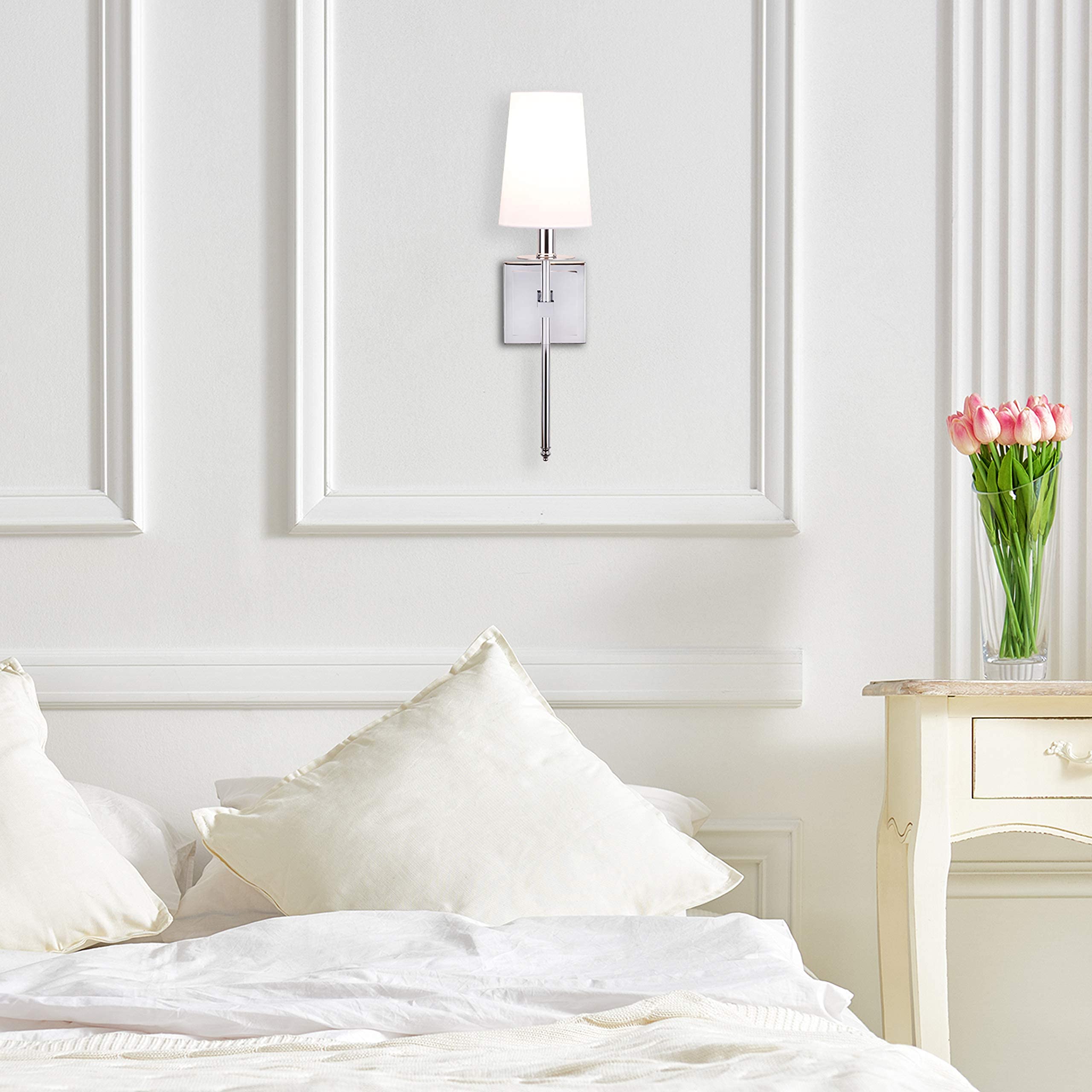 Linea di Liara Chrome Wall Sconce, Modern Brass Lighting with White Fabric Shade, UL Listed, Model LL-SC425-PC