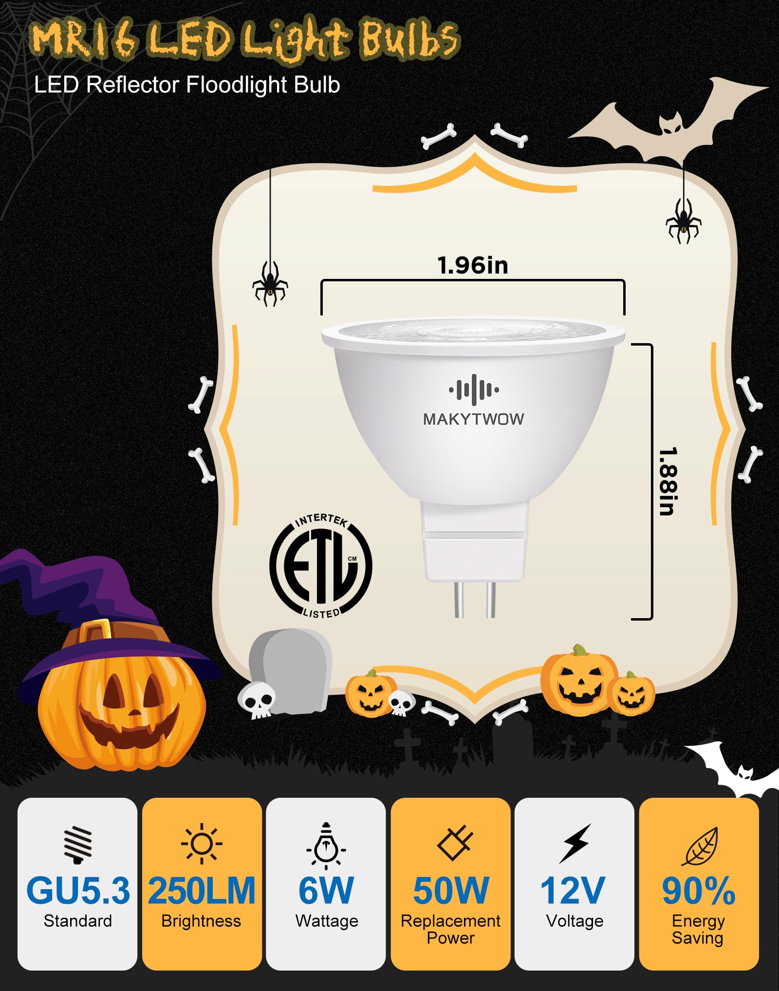 MAKYTWOW MR16 GU5.3 LED Bulbs, 12V Bi-pin Base Spotlights, Orange, 6-Pack for Outdoor Christmas Lighting
