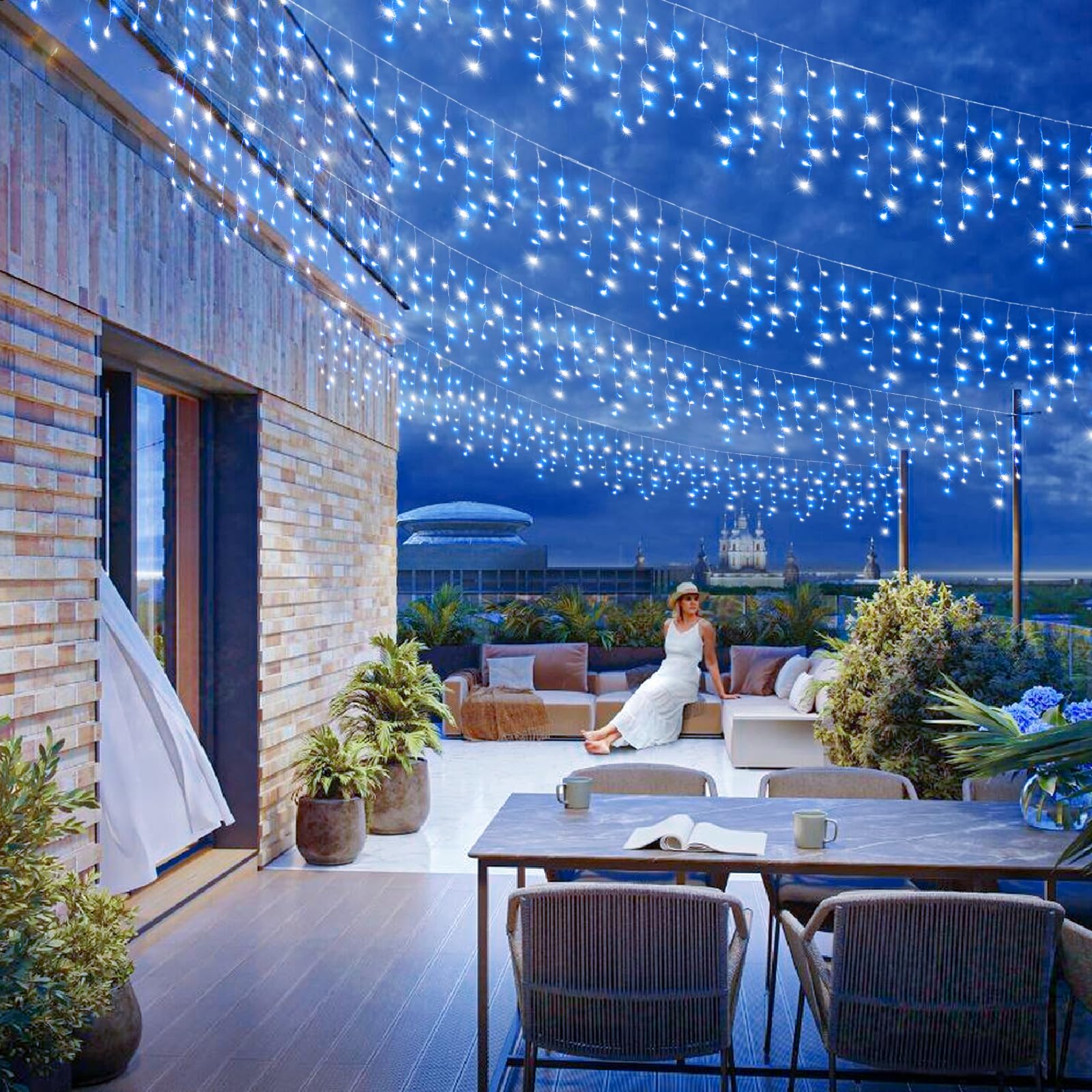 132Ft Icicle Lights For Outside  Blue And White Christmas Lights Outdoor Indoor  1280 Led Twinkle String Light With 240 Drops Curtain Light For Thanksgiving Room Home Wall Bedroom Window Decoration