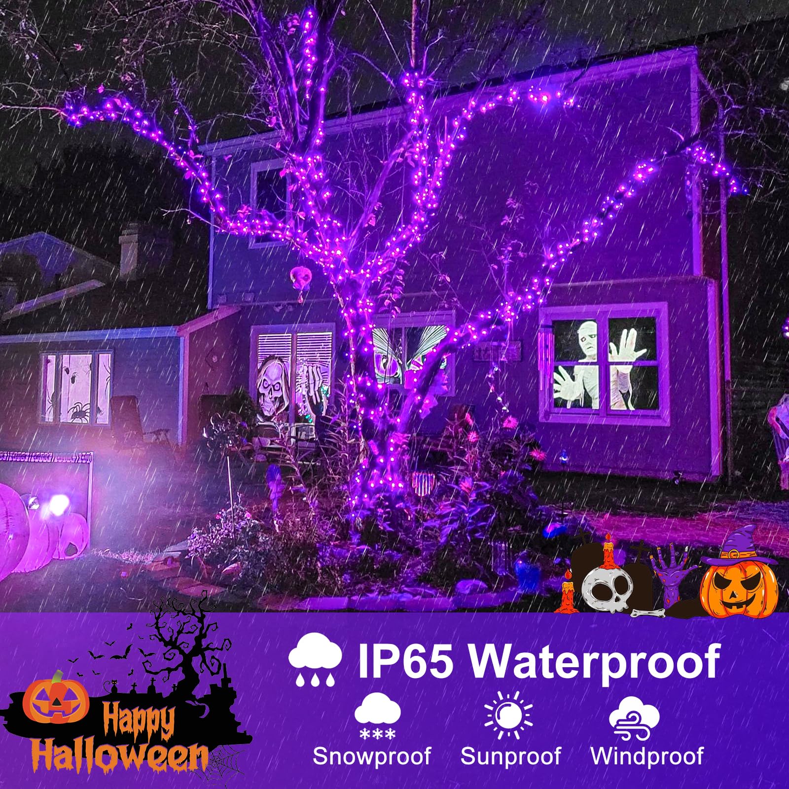 Nielfoi Halloween String Lights, 200FT 600 LED, Purple, Waterproof, 8 Modes, Model BG-CL3M3-306L01, Outdoor Indoor Decorations