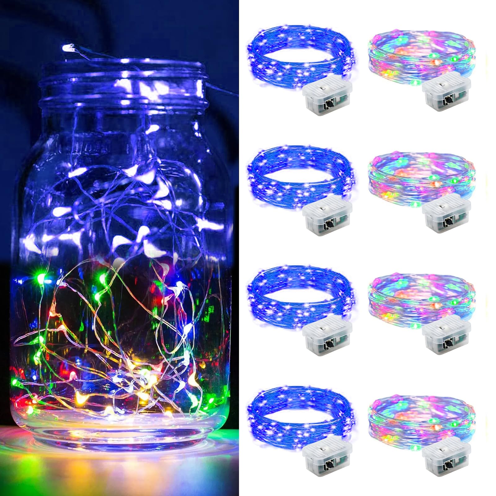 chzk 12 Pack Fairy Lights 7Ft 20 LED Twinkle String Lights 3 Modes Battery Operated Waterproof Firefly Starry for Mason Jar Party Wedding Christmas Valentines Day Table Centerpieces Rainbow + Blue