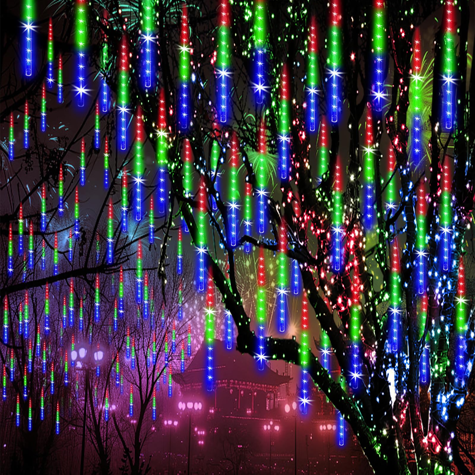 Zpqbeye Meteor Shower Lights Outdoor Christmas Lights 24-Tube 576Leds Snow Falling Rain Cascading Icicle Lights For Christmas Tree Decorations Wedding Party Holiday Garden Decor, Ul Plug Multi Color
