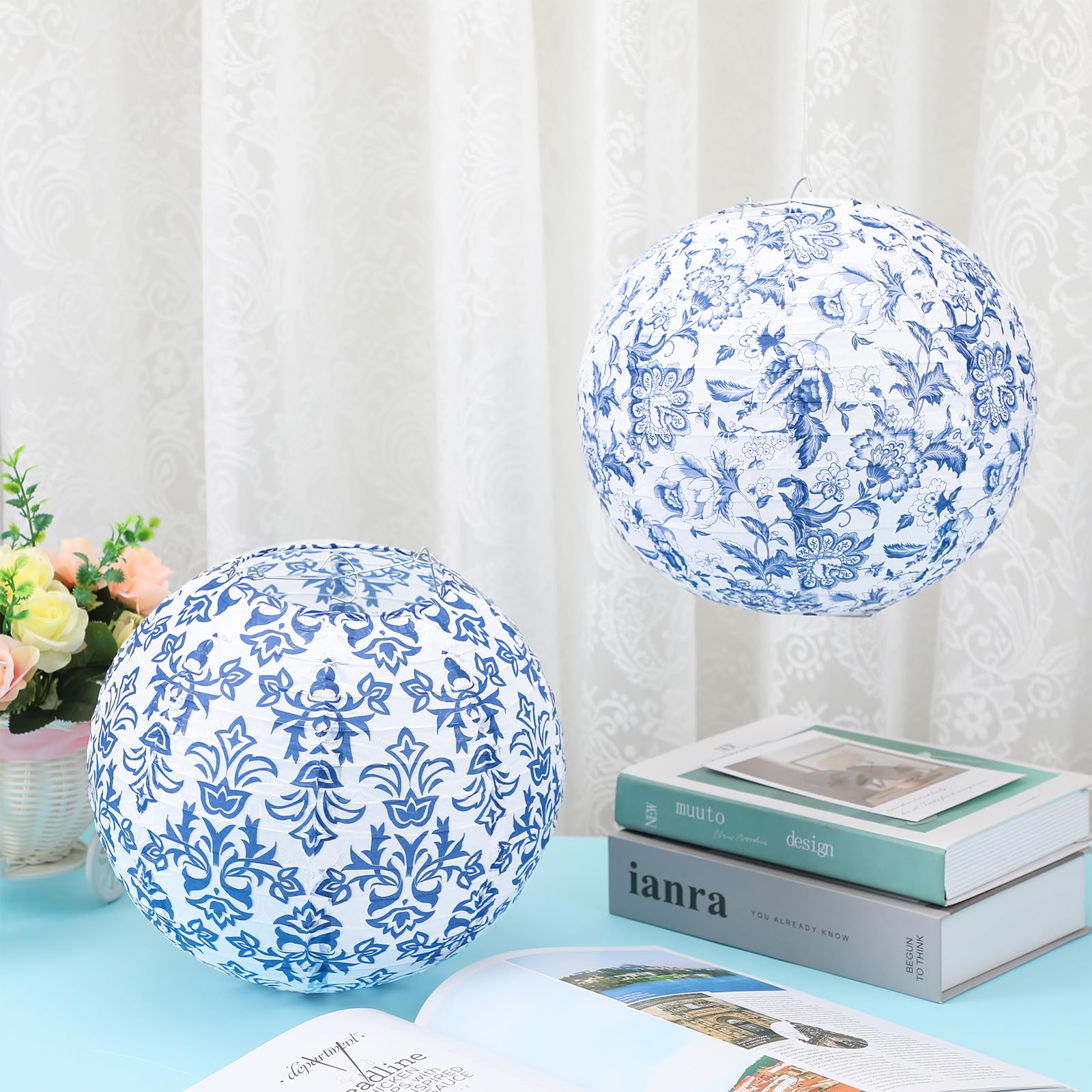 Retisee Chinoiserie Paper Lantern Set, 12 Pcs, 10" Blue & White Ceramic Hanging Lanterns for Wedding, Birthday, Baby Shower Decor