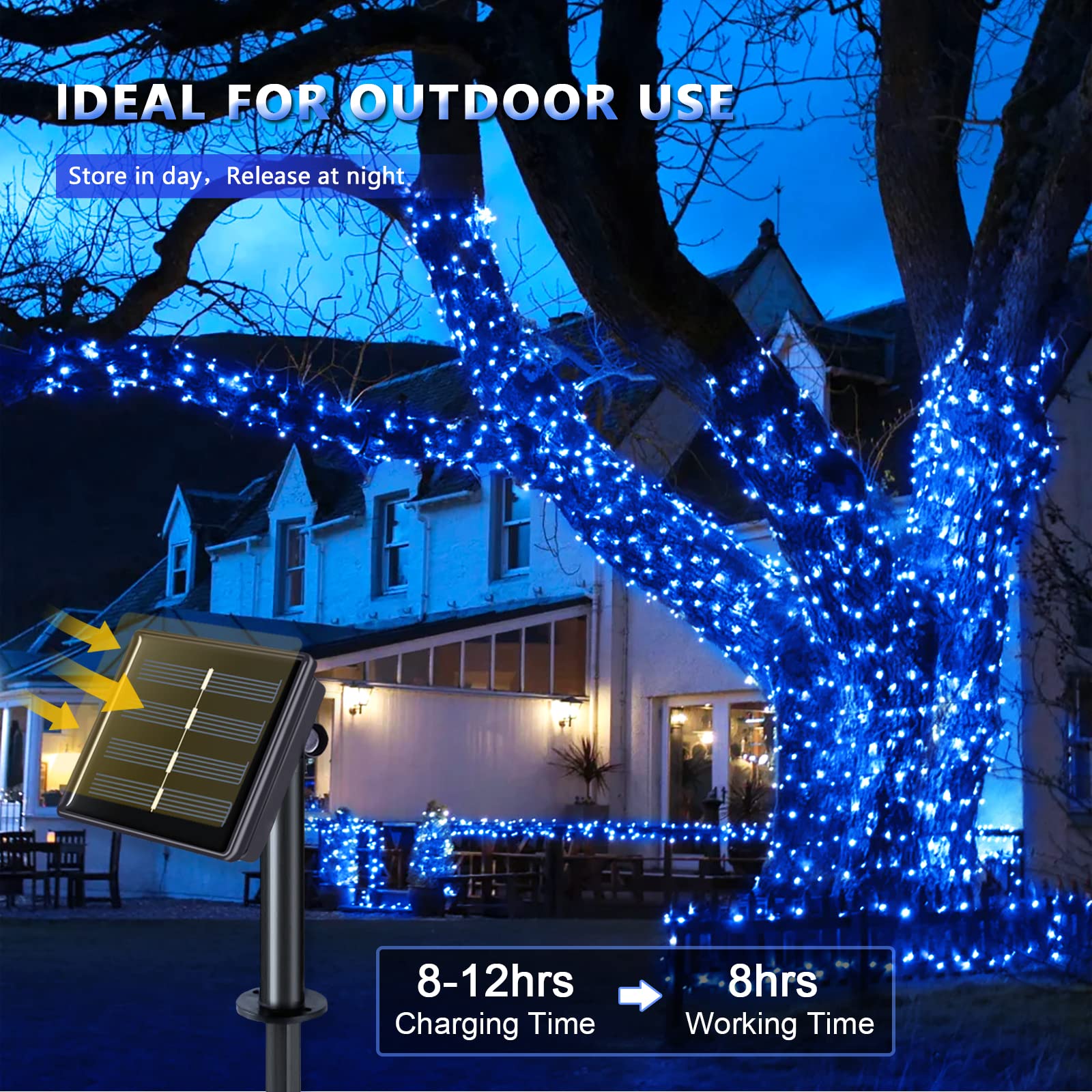 Jmexsuss 4 Pack 100 Led Solar Fairy Lights, 33Ft Blue Solar String Lights Outdoor Waterproof, 8 Modes Copper Wire Solar Twinkle