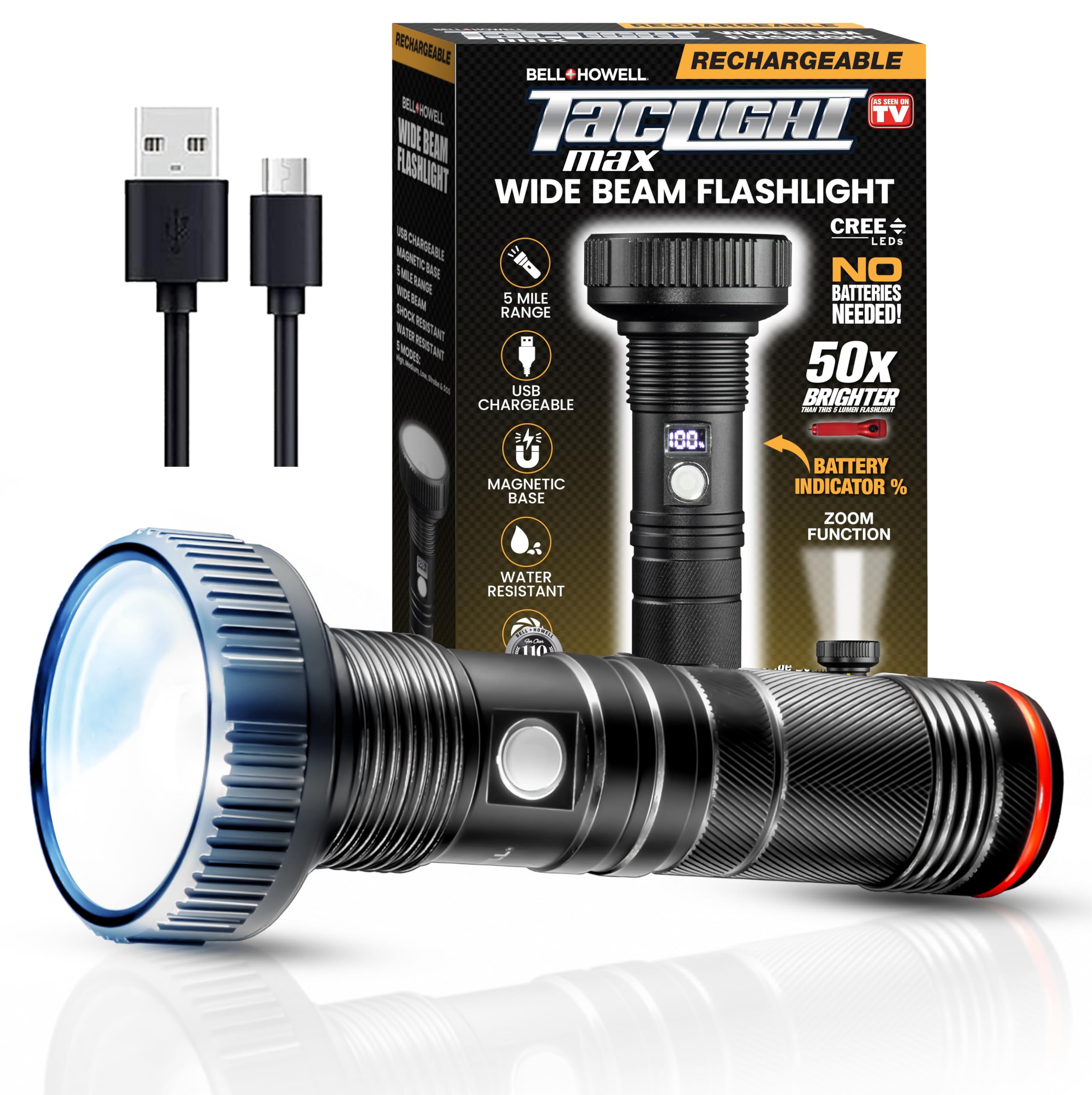 Bell+Howell Taclight Max Ultra LED Flashlight, 500 Lumens, 7,000K Cree, Rechargeable, Water Resistant, 15 Hour Run Time, 5 Modes