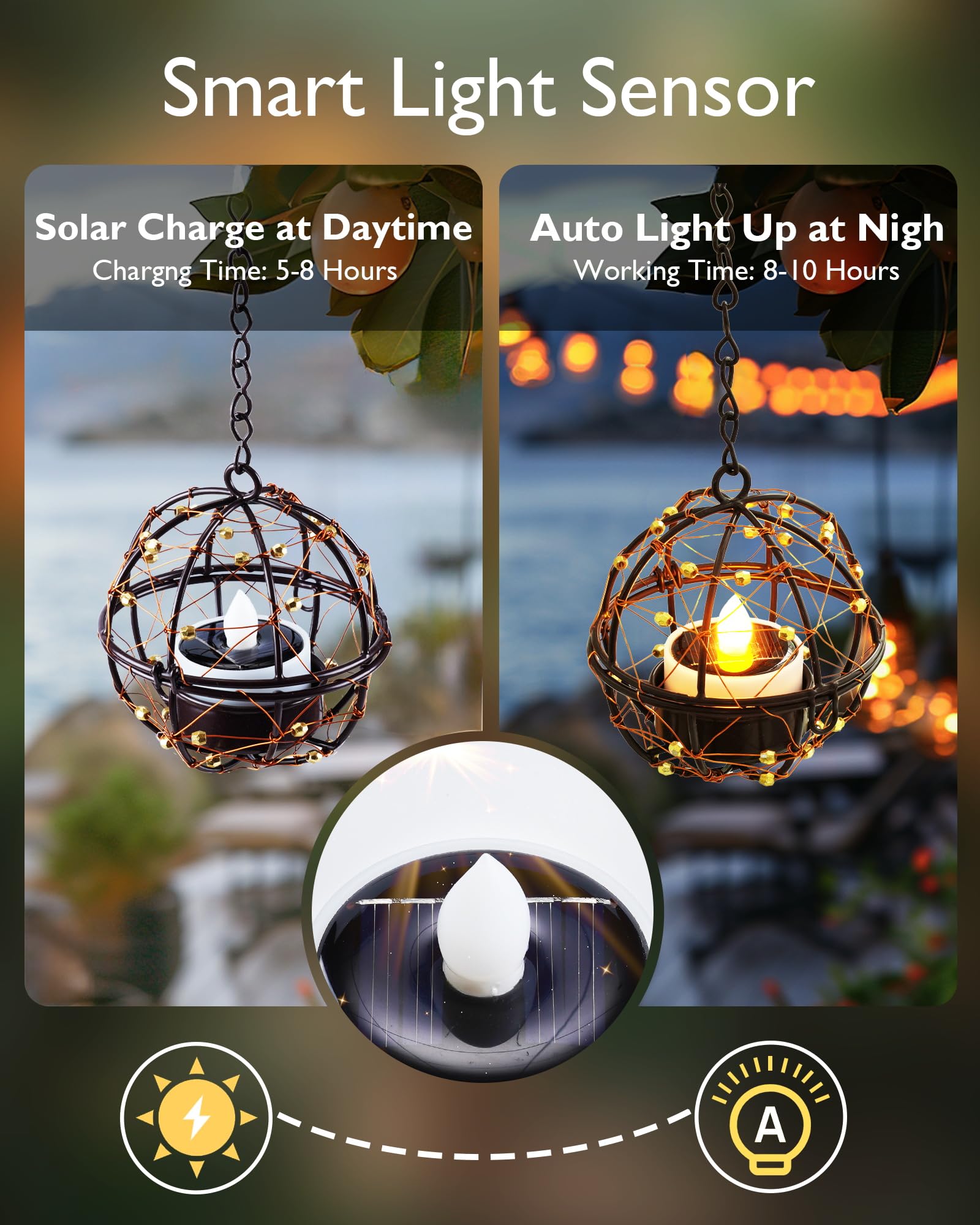 Homemory Solar Tea Lights Outdoor Waterproof Hanging Lanterns, Beaded Copper Wire Ball Holders With Solar Powered Tea Lights Can