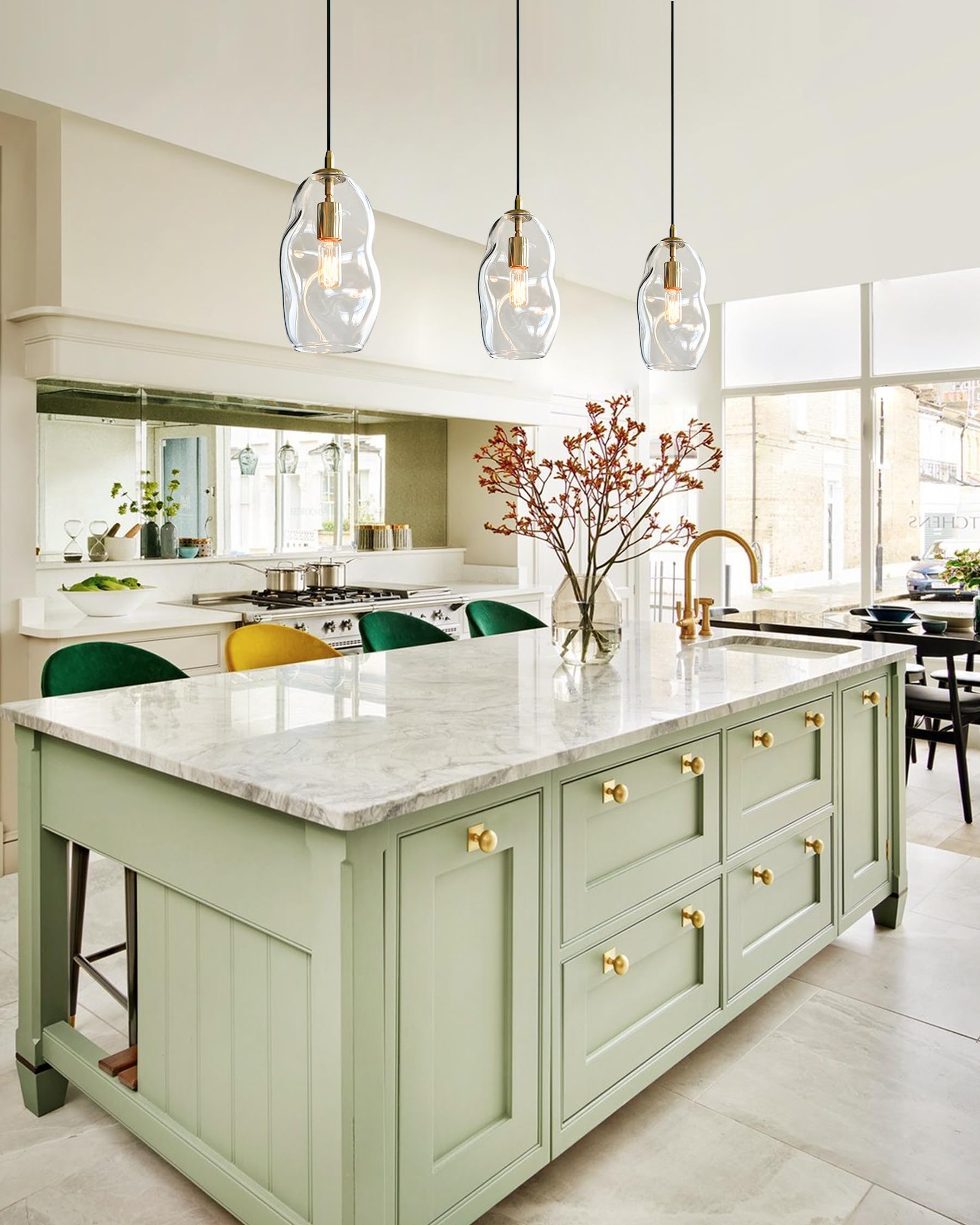 Casamotion Gold Pendant Lights Kitchen Island Blown Art Glass Clear Organic Globe Modern Brass Kit Bar Counter Entryway Hallway