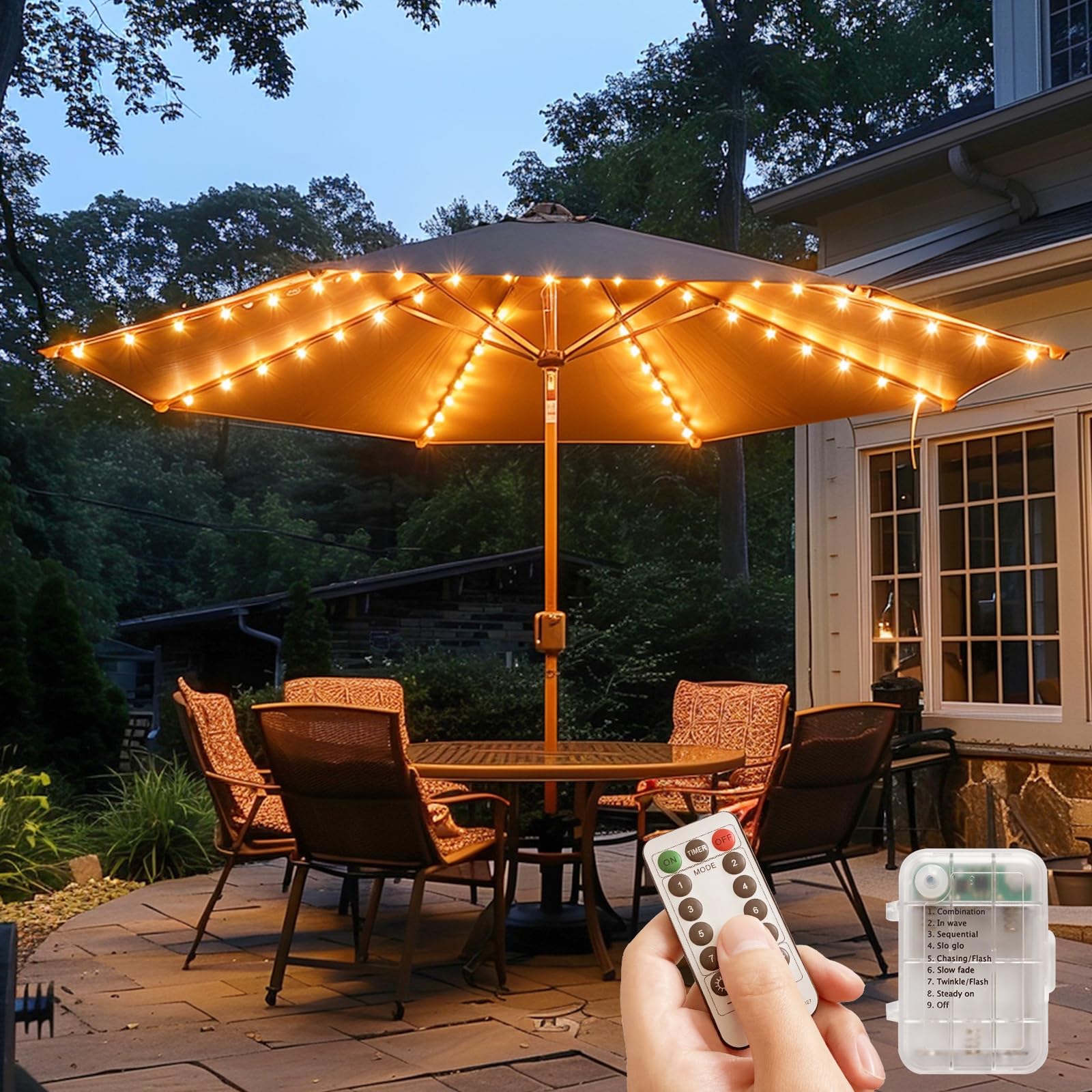 Patio Umbrella Lights 120 LED Cordless Lights for Outdoor Umbrella with Remote Control Battery Operated Parasol Ambient Lighting