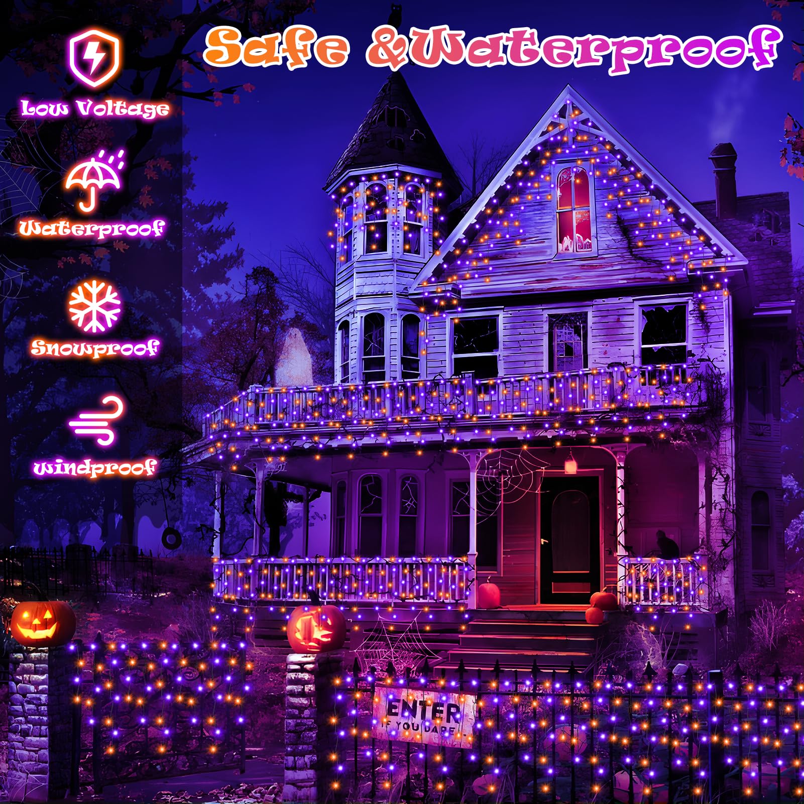 Heceltt Halloween String Lights, 39FT 480LED, Orange and Purple, 8 Lighting Modes, Timer Memory Function, Model BG-CL3M3-306L01