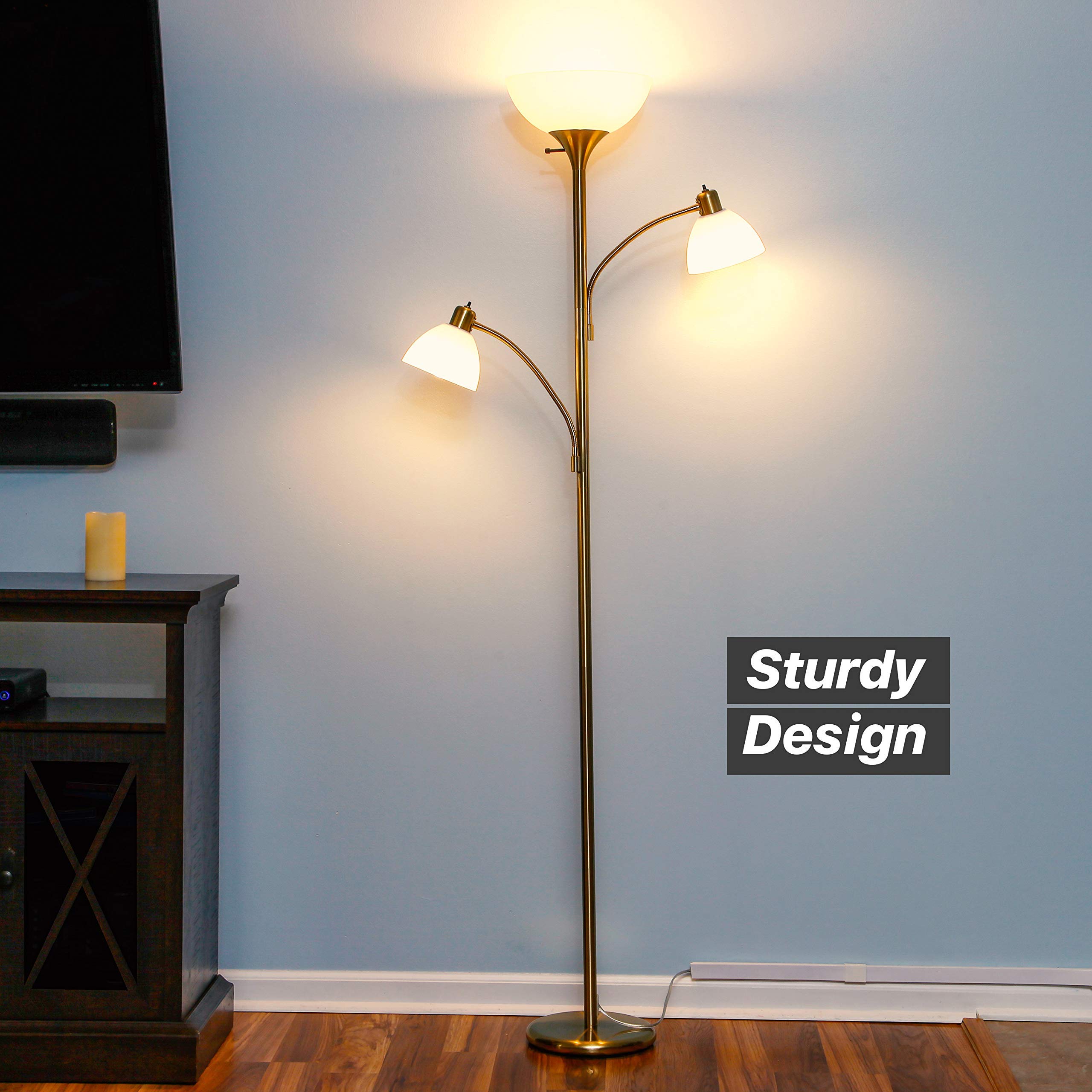 Brightech Sky Dome LED Floor Lamp - Dimmable Torchiere with 2 Reading Lamps, Gold Brass, Model FL-DME2-BRS