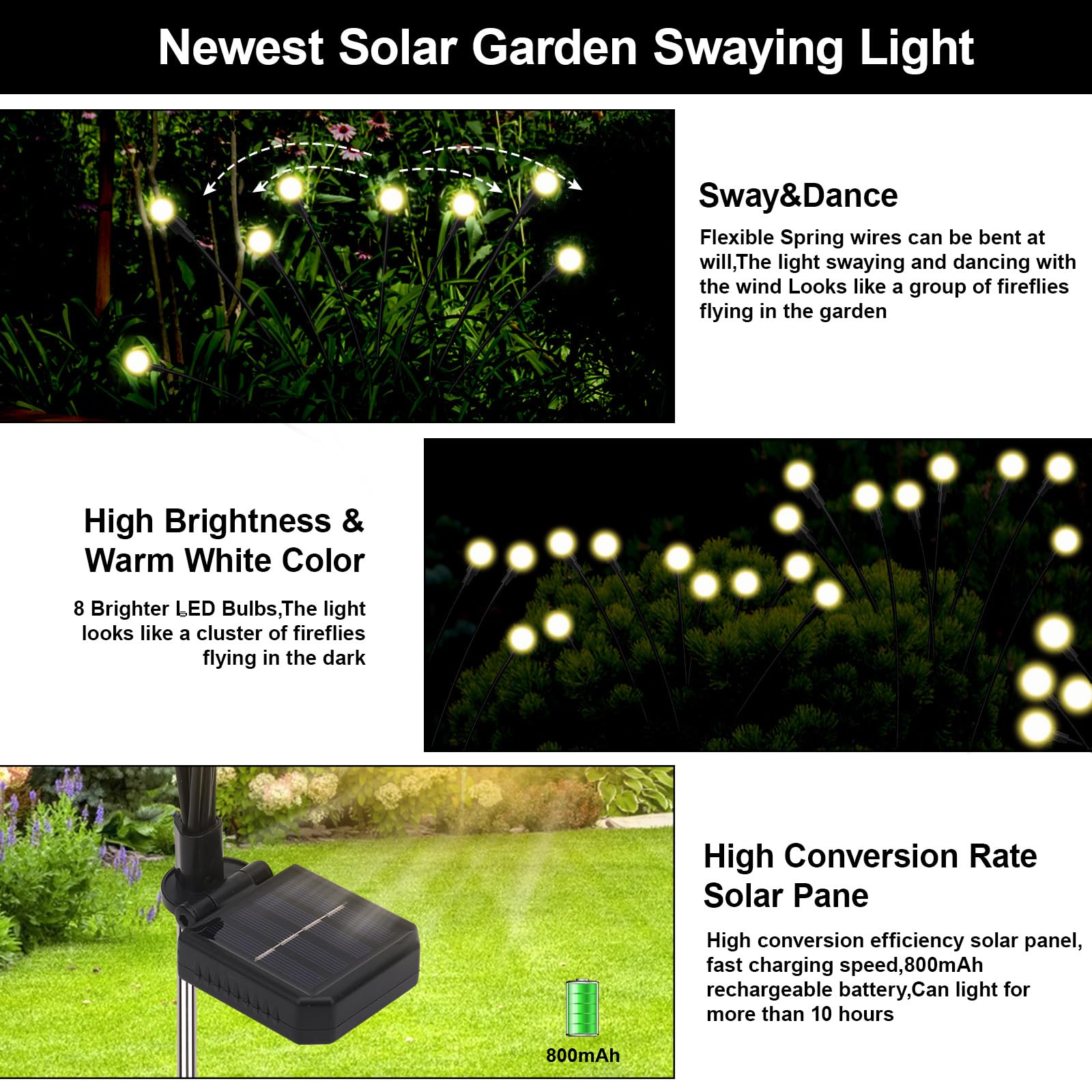 Galavasen Solar Firefly Lights, 8 Modes, Waterproof, Warm White, 4 Pack, Model Yhc007, Outdoor Garden Decor