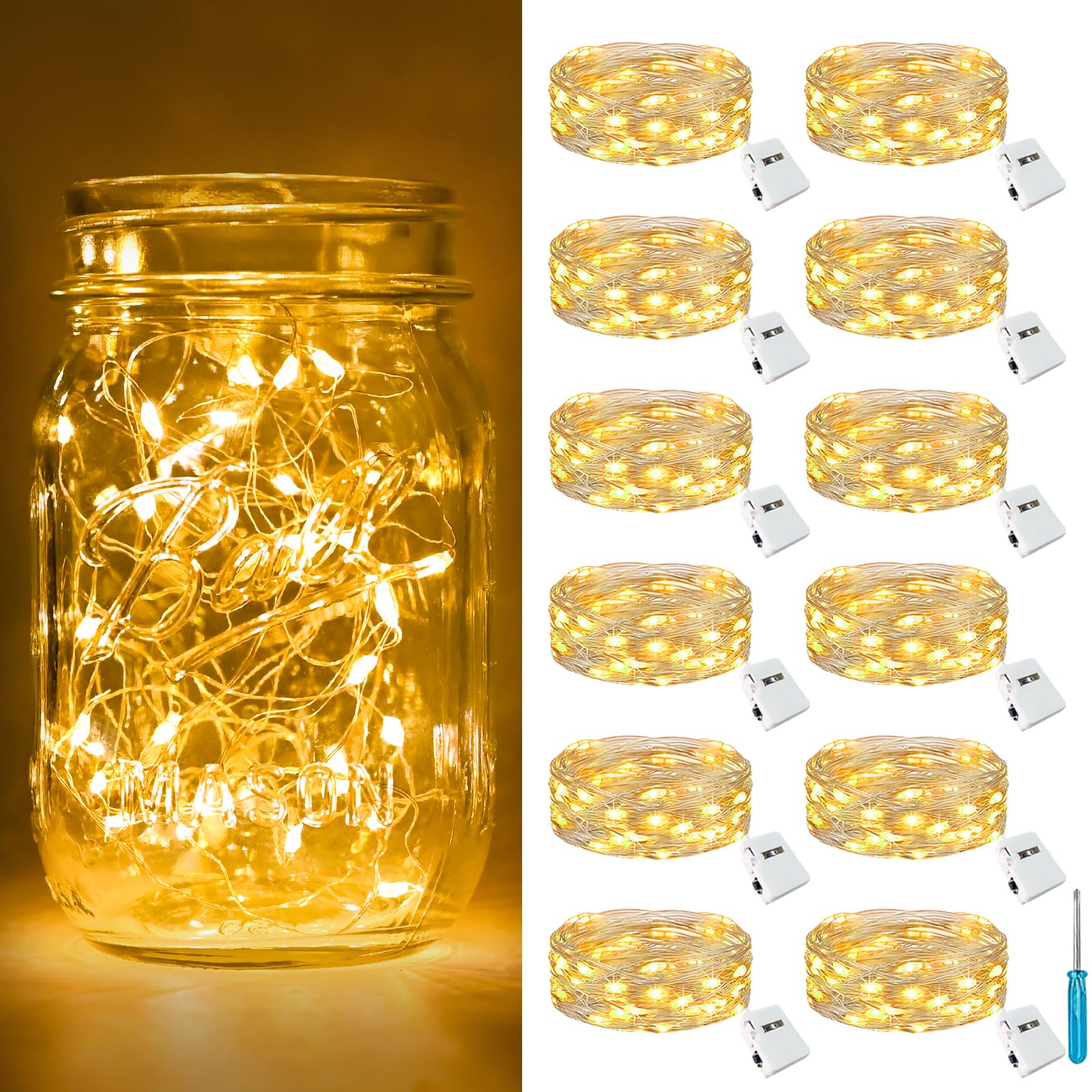 btfarm 12 Pack Fairy Lights Battery Operated [3 Modes]  7ft 20 Led Twinkle Lights String Lights Waterproof Bulk Small Mini Silver Wire for Mason Jars Vases Wedding Table Centerpiece  Warm White