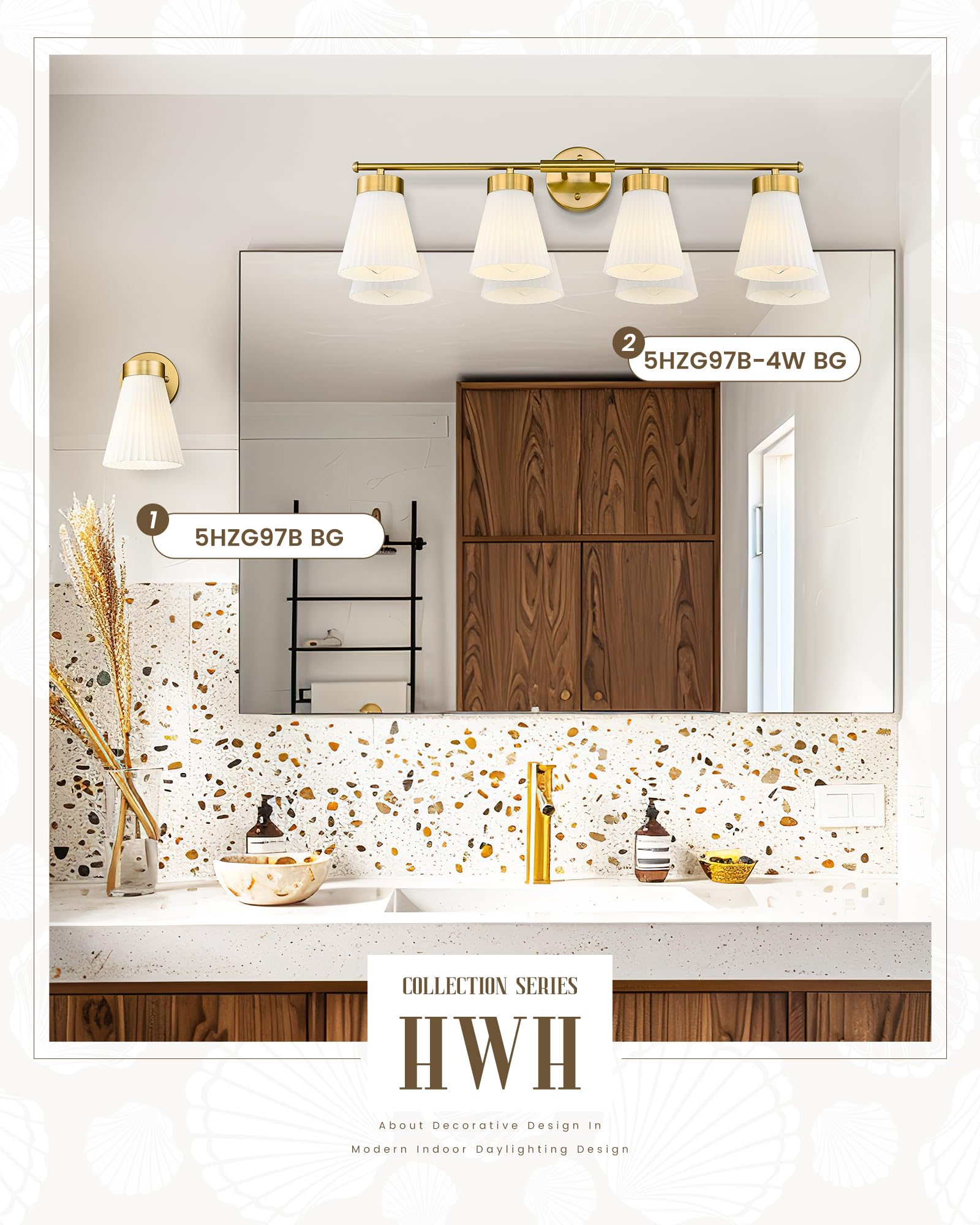 Bathroom Light Fixtures Brushed Gold  Hwh 4 Light Vanity Lights Over Mirror  Modern Wall Lamp Bathroom Lighting With Frosted White Striped Glass  5Hzg97B-4W Bg