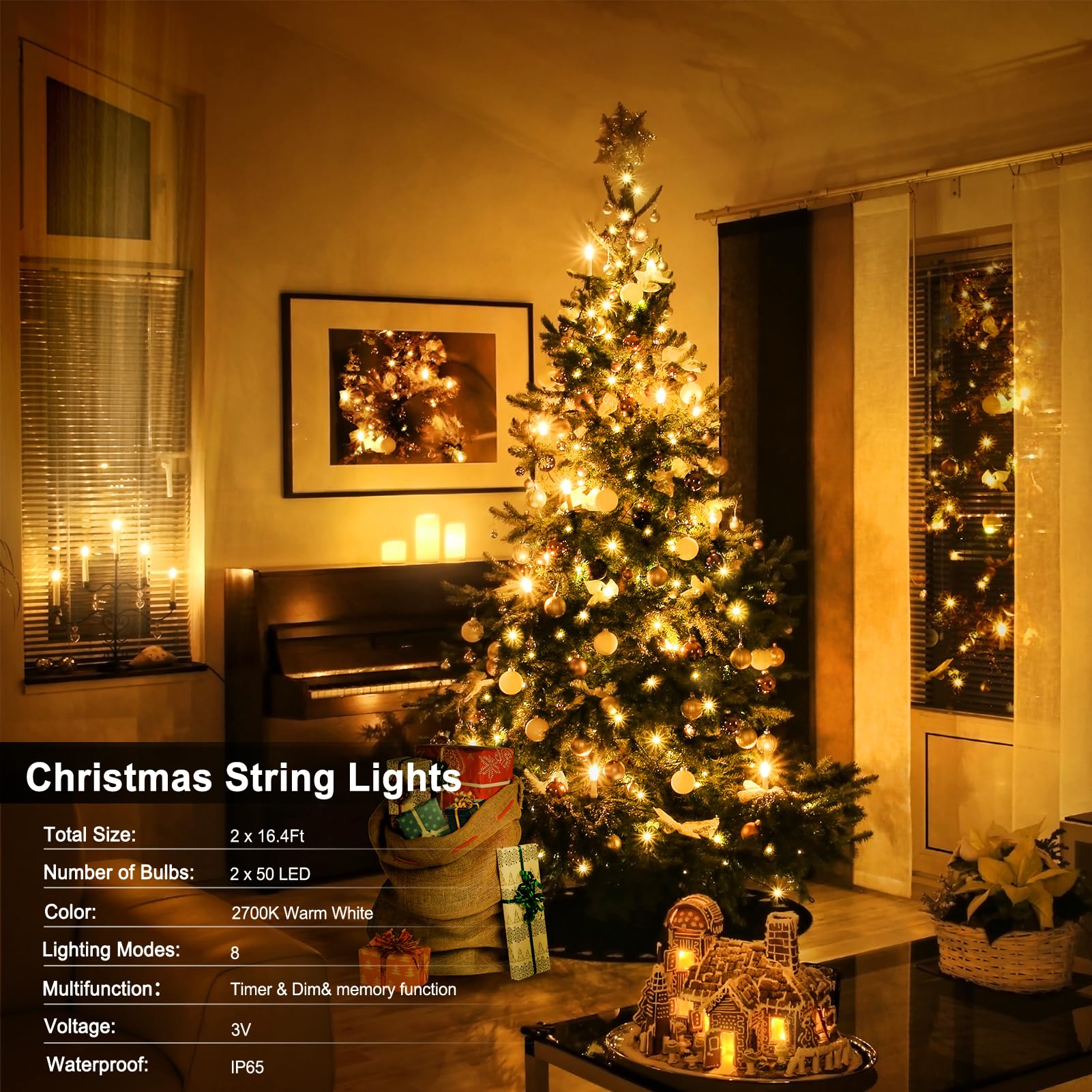 DBFAIRY 2 Pack 16.4ft Outdoor Christmas Tree String Lights, 50 Warm White LEDs, Battery Operated, Green Cable, 8 Modes, Model DB100