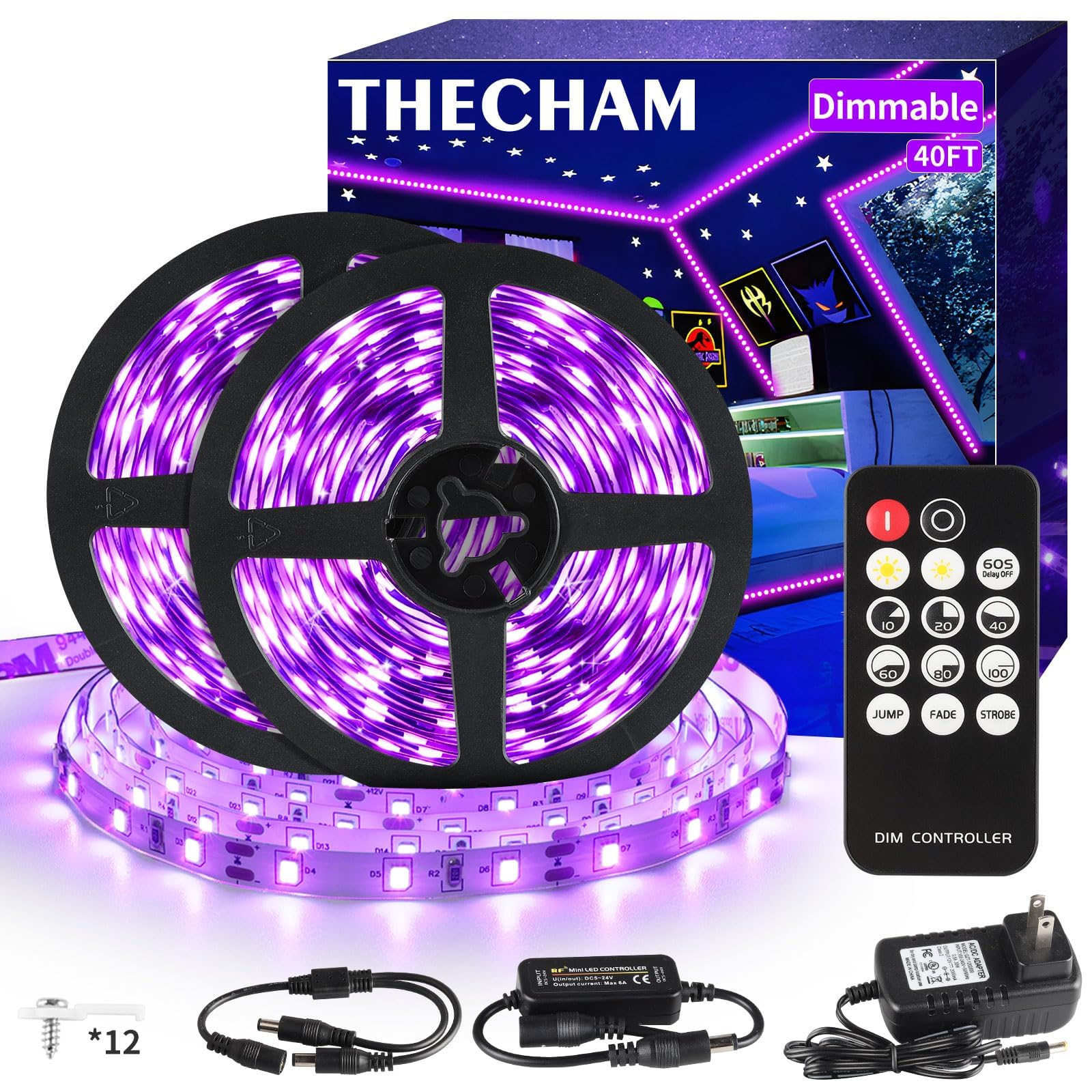 THECHAM 40ft Black Light Strip with Remote, 720 LED Lamp Beads, 12V Flexible Lights for Glow Party, Dimmable, Delay Off, 3 Light