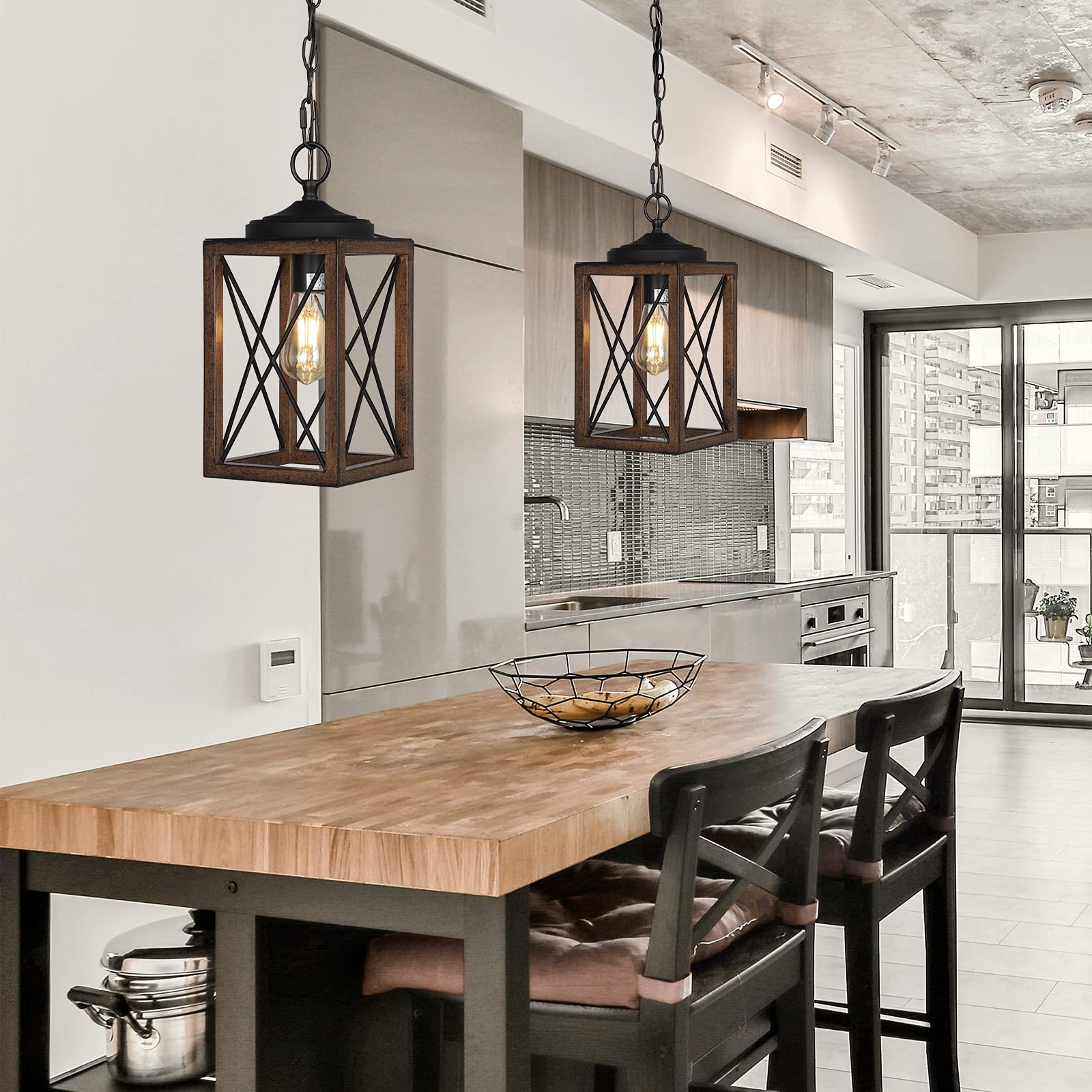 EDISHINE Farmhouse Pendant Light, Metal Hanging Light Fixture with Wooden Grain Finish, 63 Inch Adjustable Chain for Flat and Sl