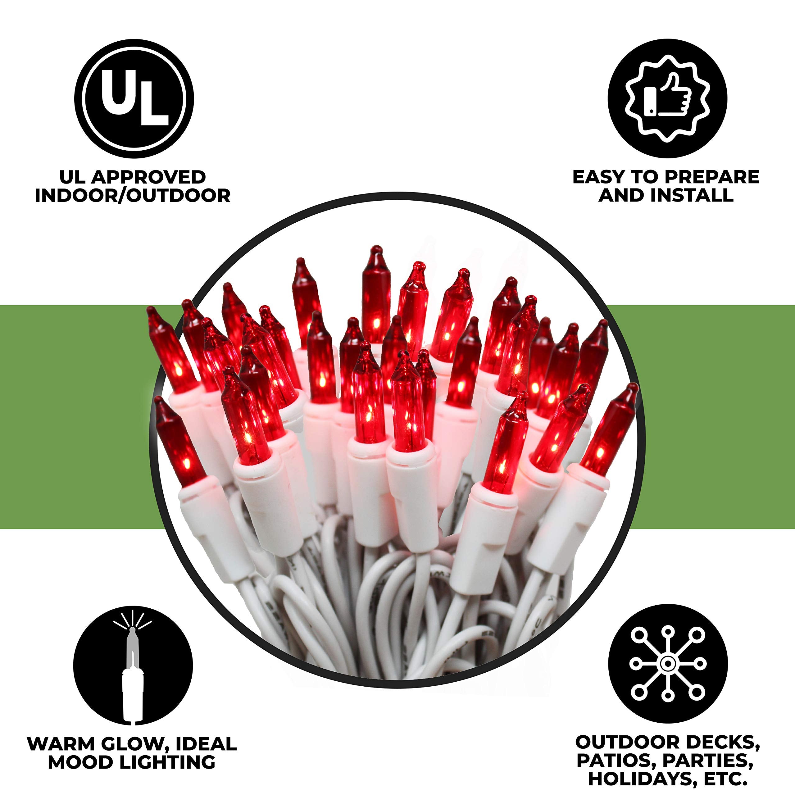 612 Vermont 50 Red Christmas Lights on a White Wire String, UL Approved, Indoor and Outdoor Use, 9 Foot of Lighted Length, 11 Fo