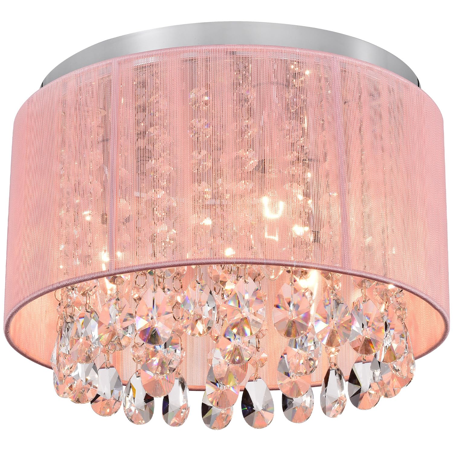 LaLuLa Pink Chandelier Drum Flush Mount Light Fixture - 3-Light 11" Round Crystal Ceiling Light for Girls Bedroom