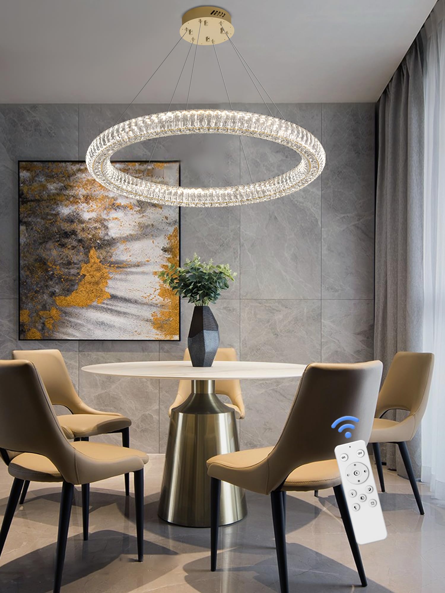 IDEQUY Modern Crystal Chandelier, Dimmable LED 39.4" Gold Pendant Light, Adjustable Round Fixture for Dining and Living Rooms