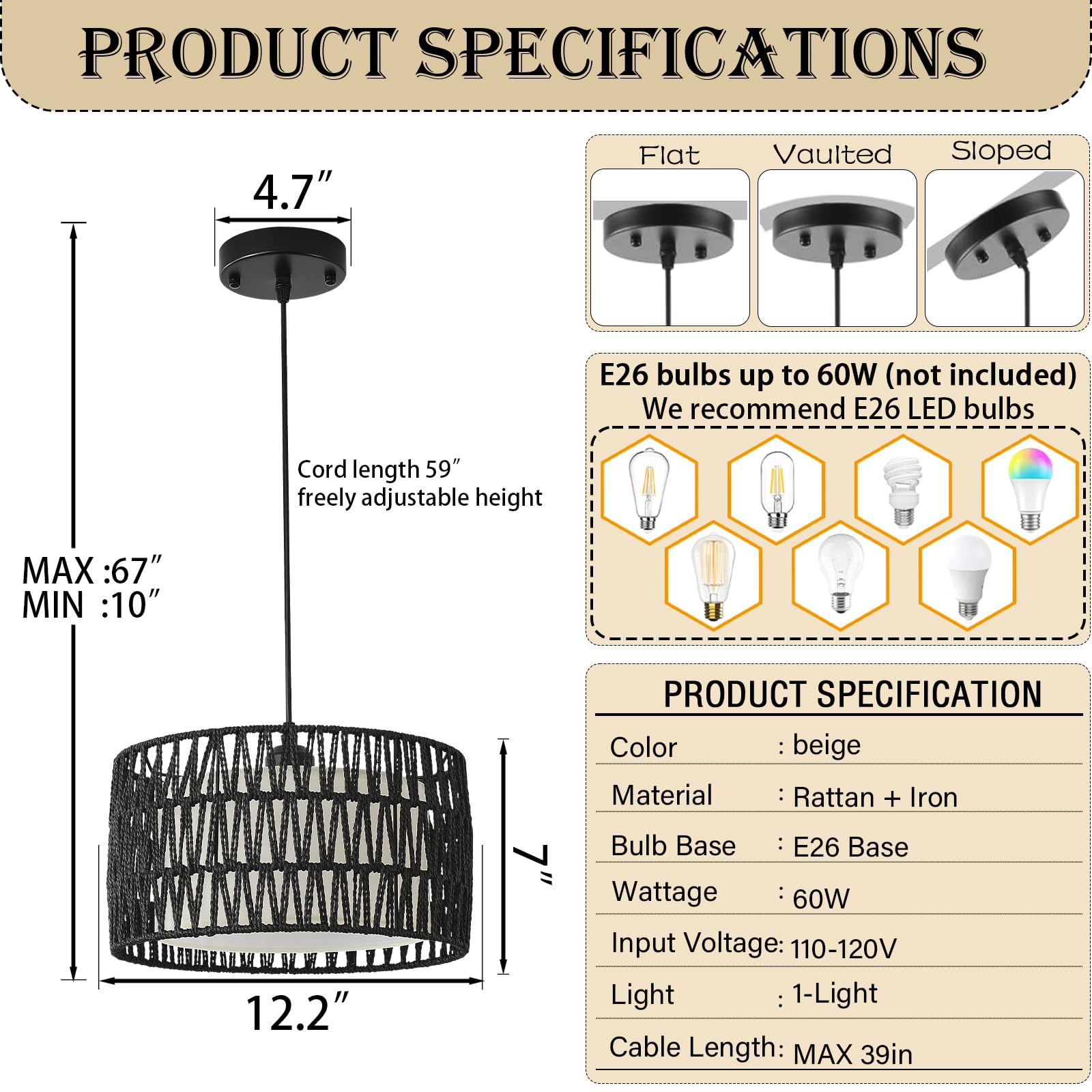 Jtyp Black Rattan Chandelier Light Fixture For Dining Room, 1-Light Farmhouse Pendant Light Hand Woven Chandeliers Boho Wicker P